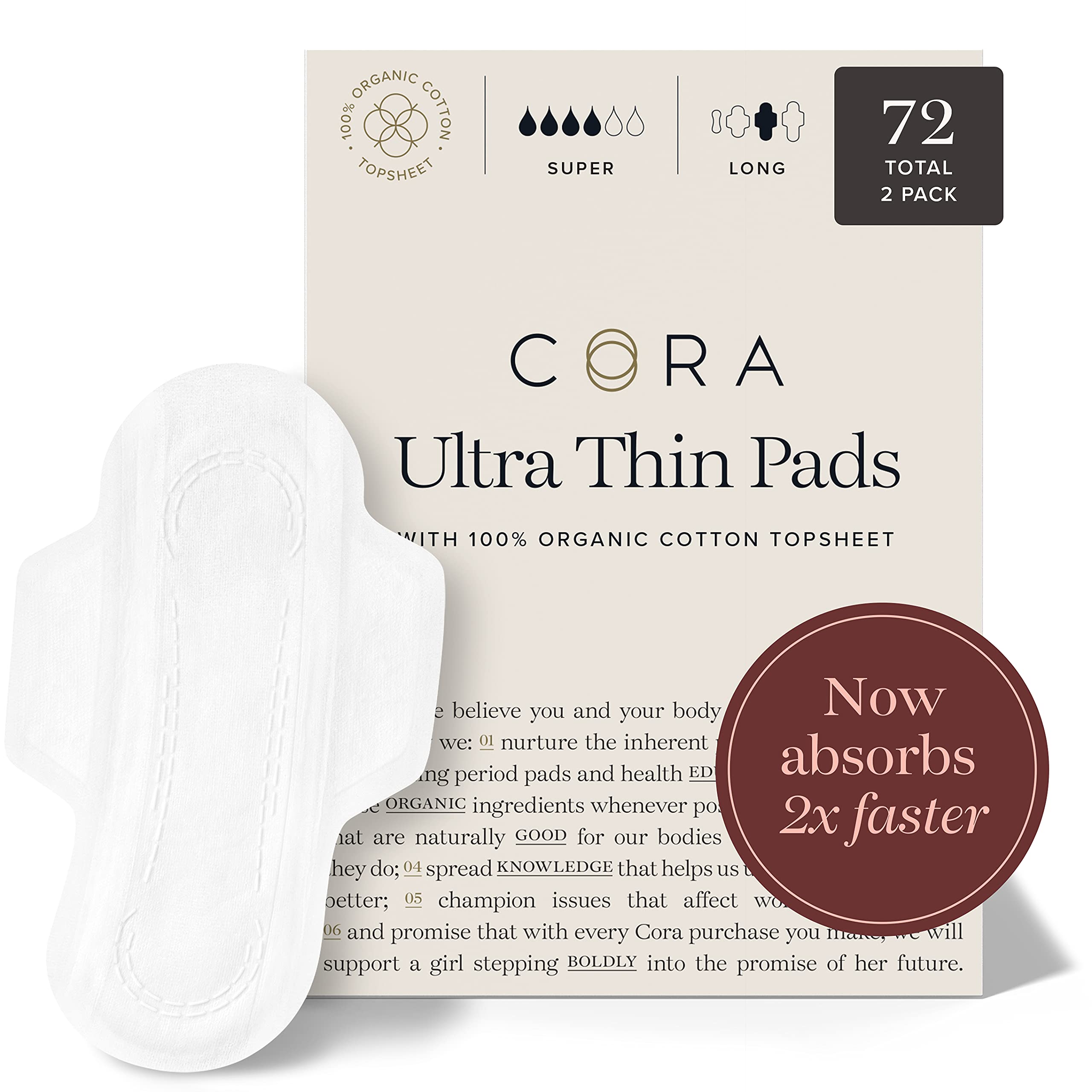 Cora Organic Pads, Ultra Thin Period Pads with Wings, Super Absorbency