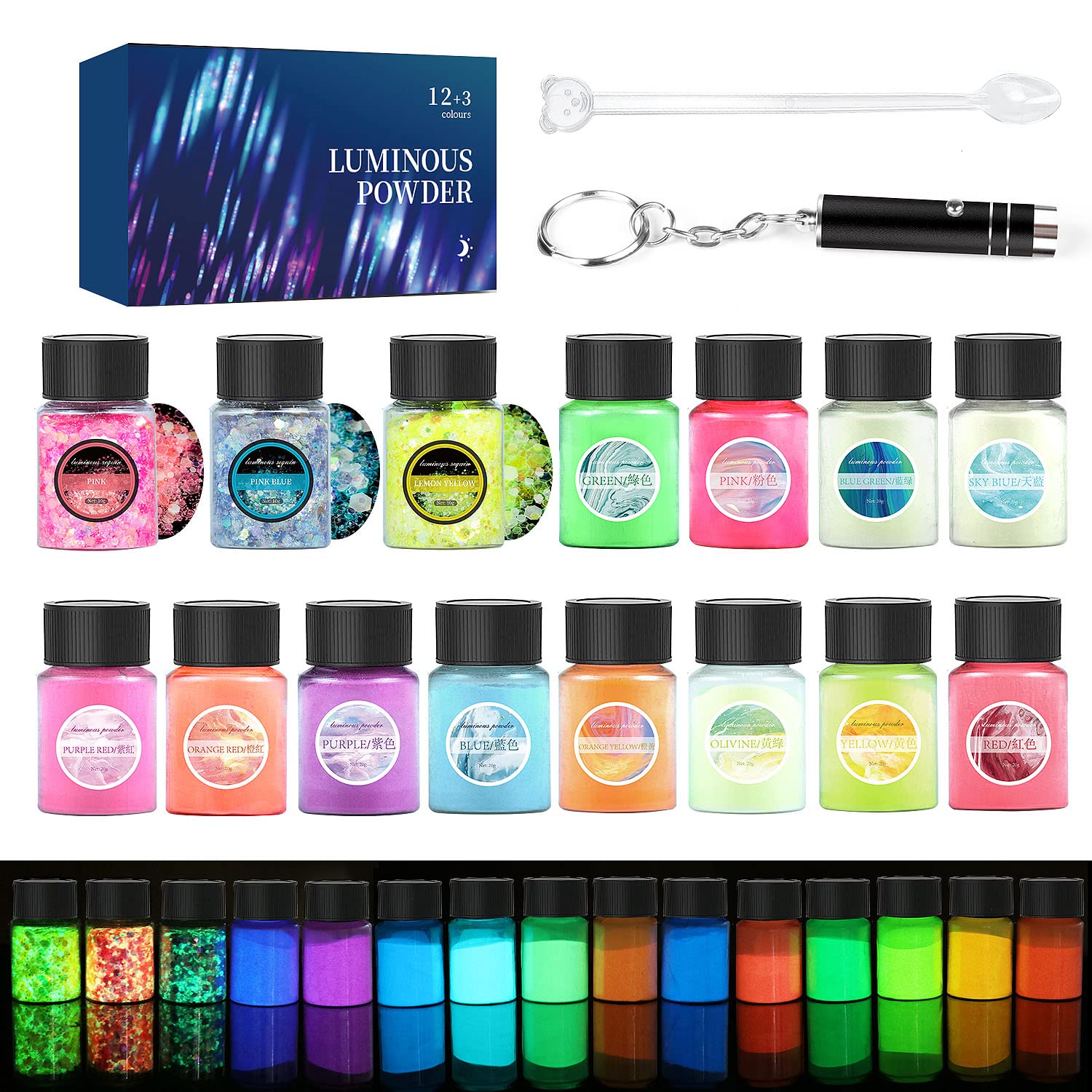 Glow in The Dark Pigment Powder 15 Jar -12 Color Glow Pigment and 3 Color  Luminous Flake with UV Lamp - Epoxy Resin Luminous Powder for Slime Kit  Skin Nail Safe Long