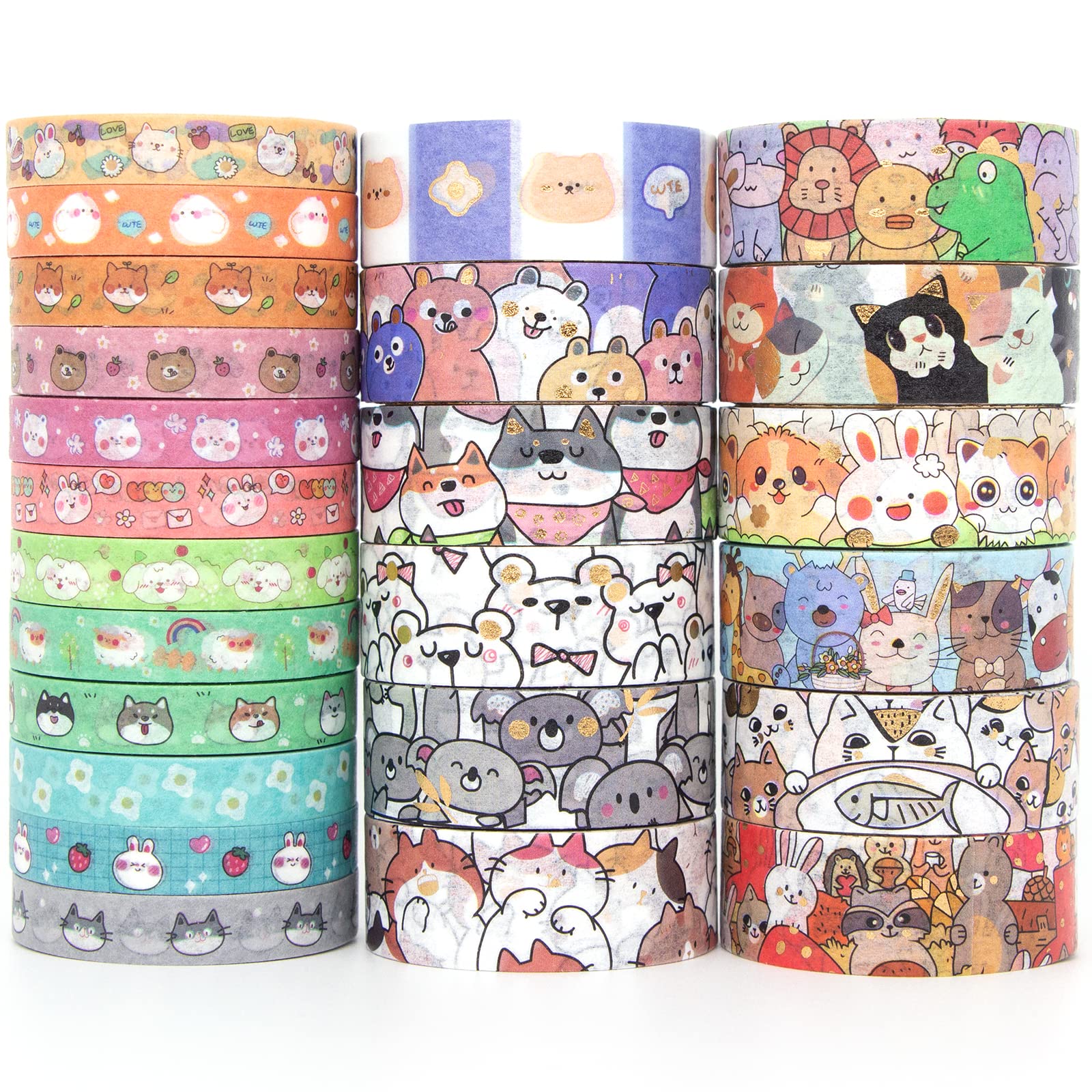 WAPETASHI Cute Washi Tape Set - 24 Rolls Kawaii Animals Gold Foil