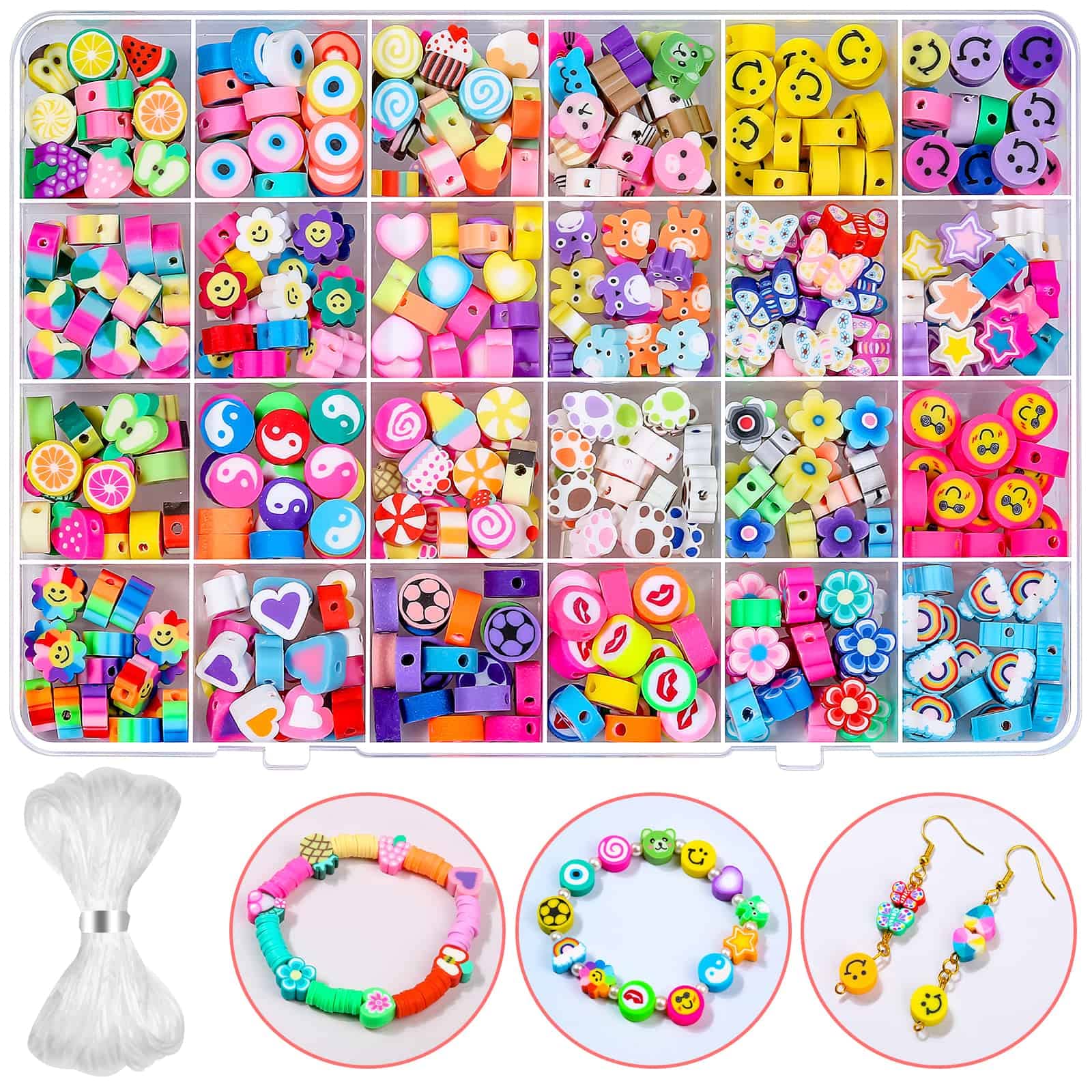 480 Pcs Fruit Flower Polymer Clay Beads, 24 Styles Trendy Cute Smiley Bead  Charms for Bracelets Jewelry Necklace Earring Making with Elastic String