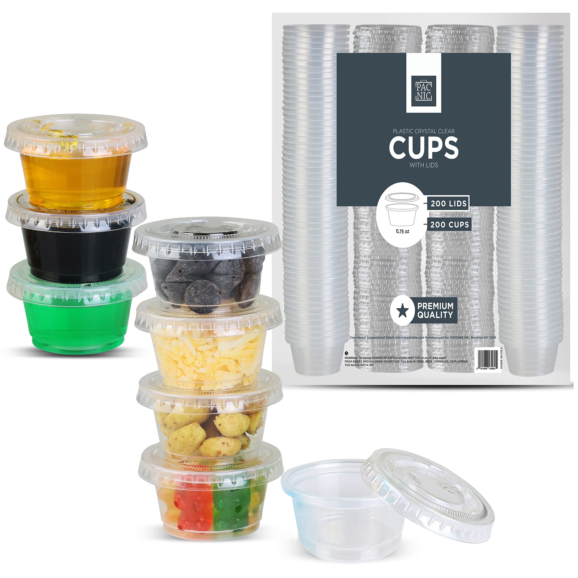 0.75 Oz) Medicine Cups with Lids - Condiment Containers, Small Sample Cups,  Leak-Resistant, Tight fit, Easy Snap-on Lids - Clear and Fully Transparent.  (Bulk Pack 200 Cups + 200 Lids) 3/4 OZ - 200 Sets
