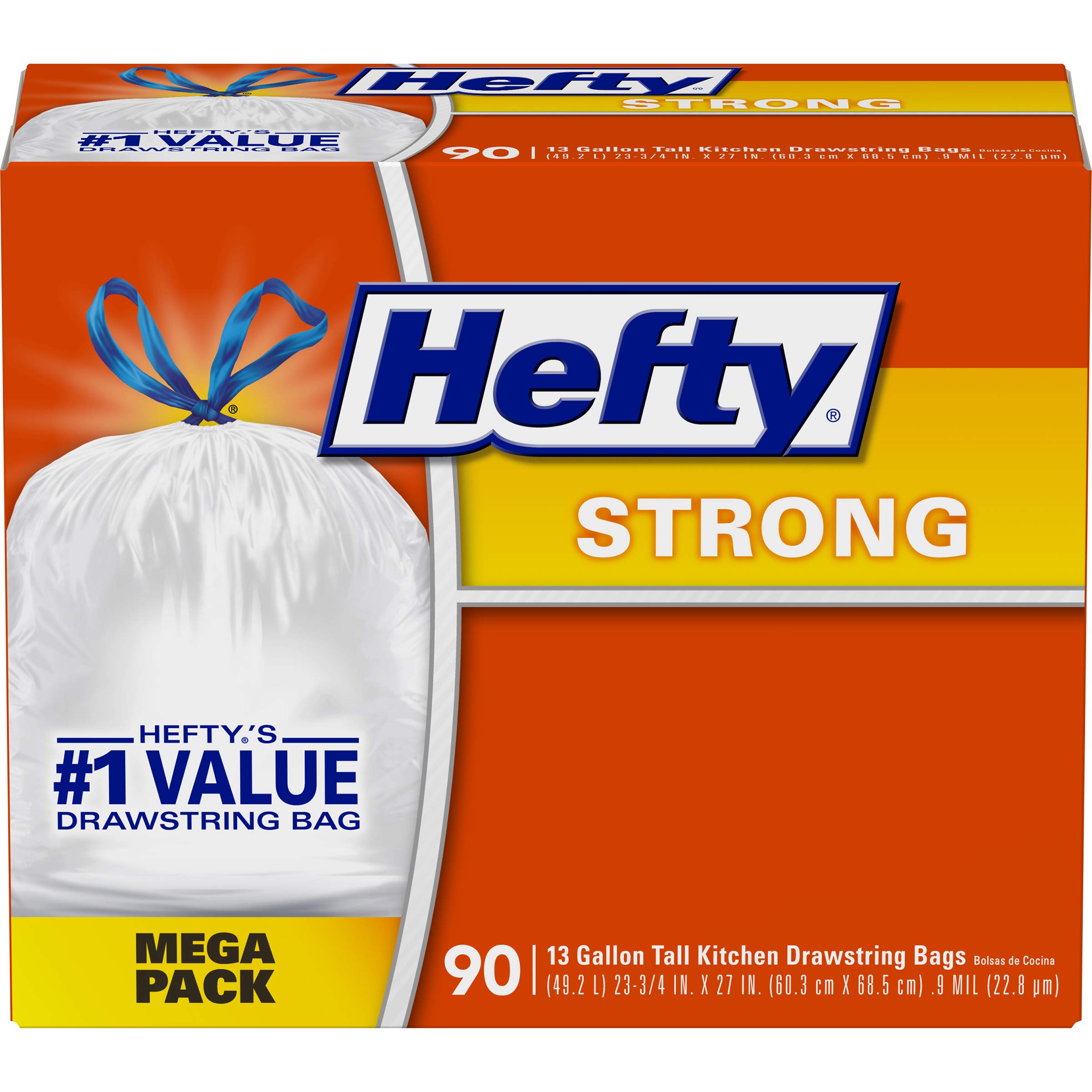 Hefty Strong Tall Kitchen Trash Bags, Unscented, 13 Gallon, 90 Count 90  Count (Pack of 1)