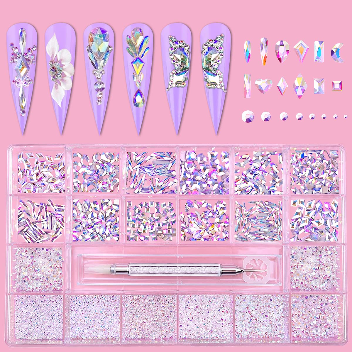 Nail Rhinestones Kit, Nail Art Decorations Flat AB Rhinestones Kit DIY  Crafts Gemstones for Nail, Shoes, Clothes, Jewels (600 Iridescent Diamonds  +