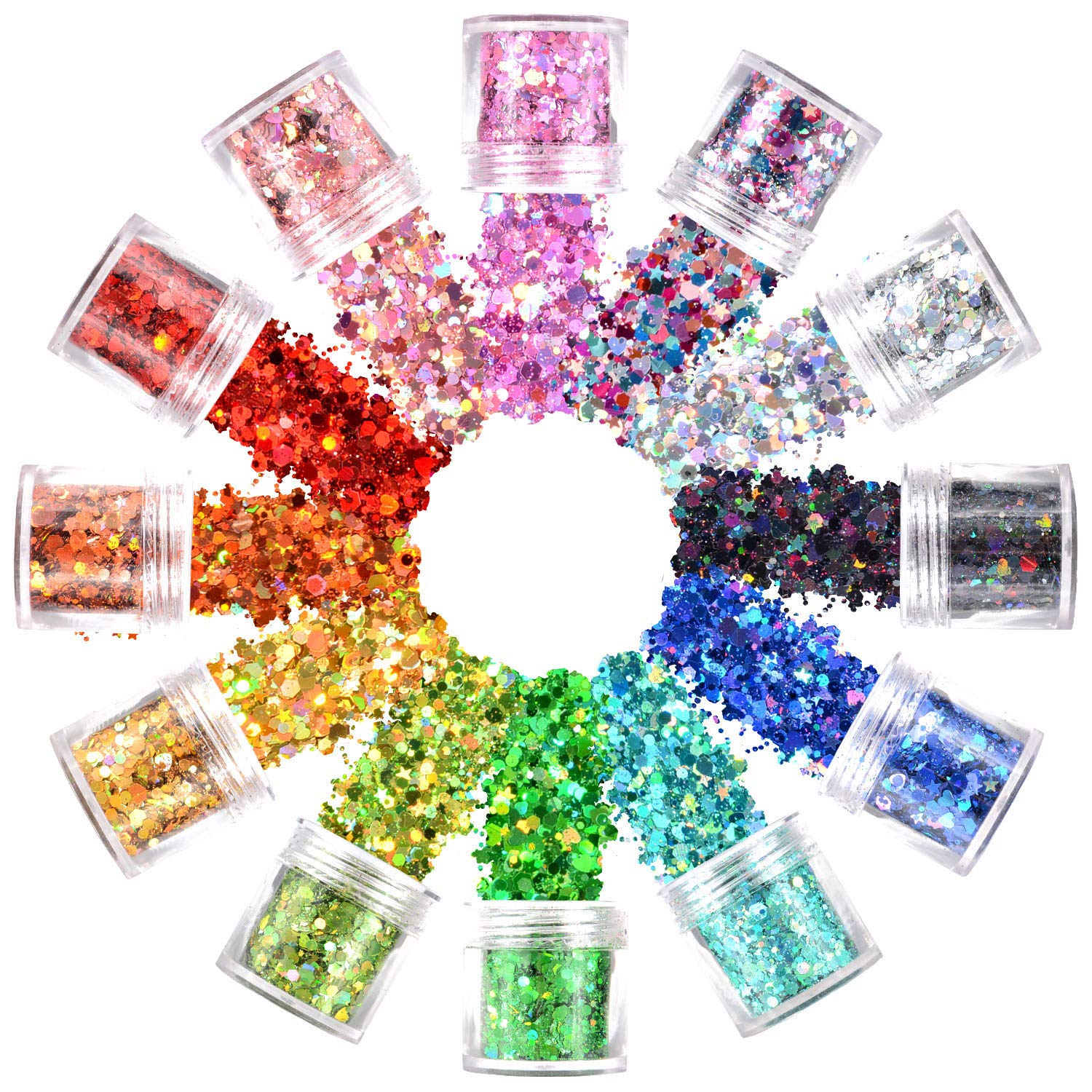 Warmfits Holographic Chunky Glitter 12 Colors Total 120g Face Body Eye Hair  Nail Festival Chunky Holographic Glitter Different Size, Stars and Hexagons  Shaped (Set A) Set A 