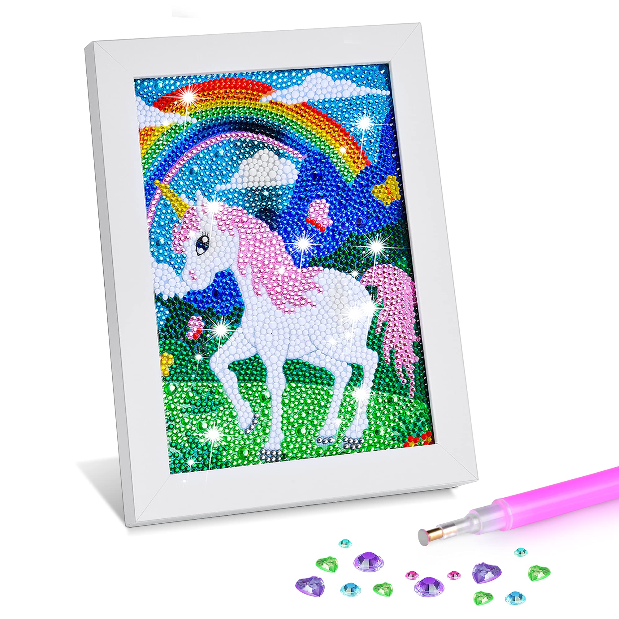 ZALIAFEI Diamond Painting for Kids with Frames Mosaic Gem Sticker Art  Projects Kits Holiday Crafts Supplies Gifts for Girls Boys Ages 6 7 8 9 10  11 12 White Unicorn