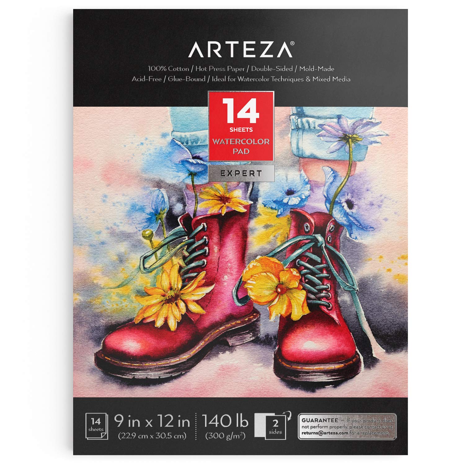 Arteza Watercolor Paper Pad, 9 x 12 Inches, 14 Sheets of Double