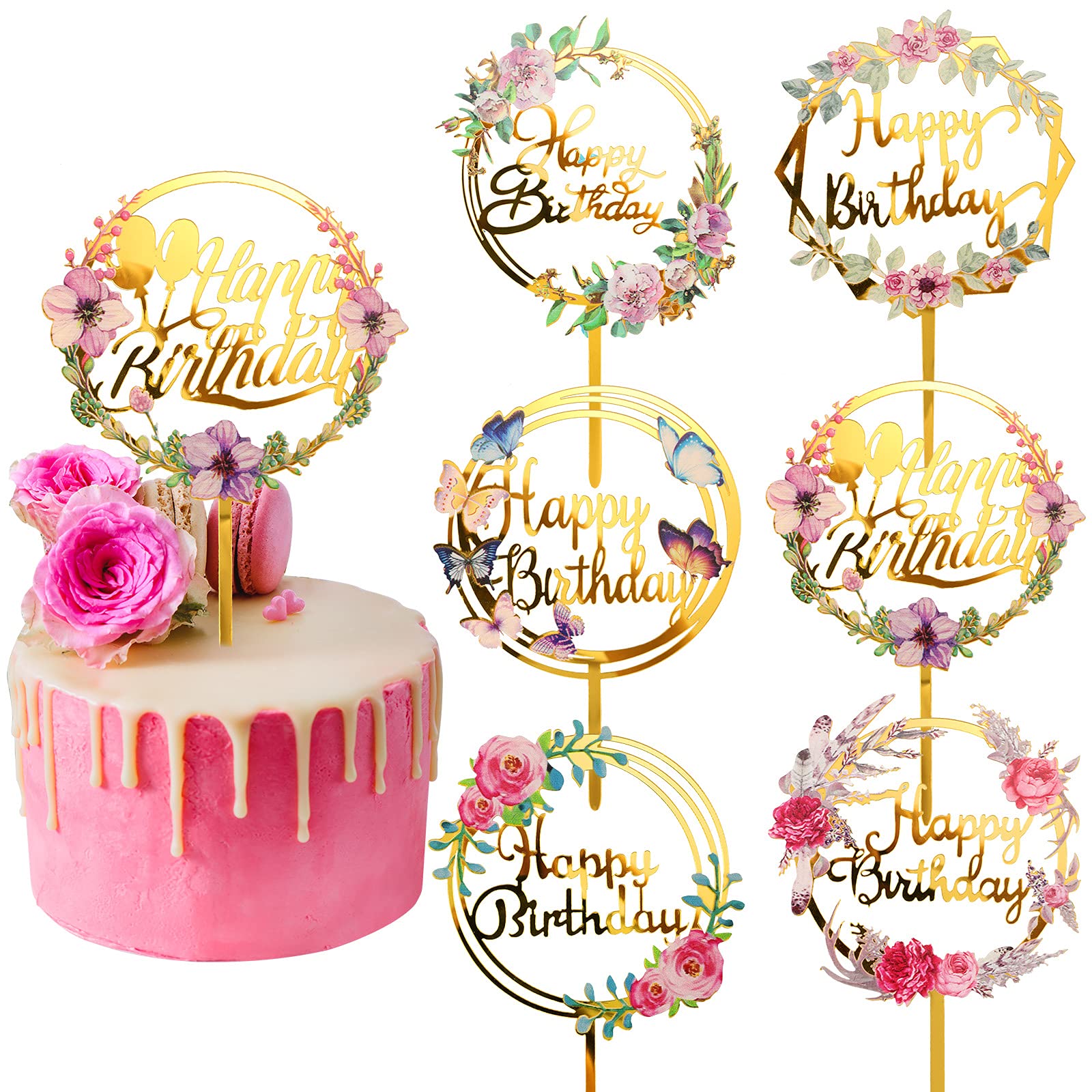 6 Pieces Happy Birthday Cake Toppers Gold Flower Acrylic Cake Toppers  Acrylic Cupcake Topper for Various