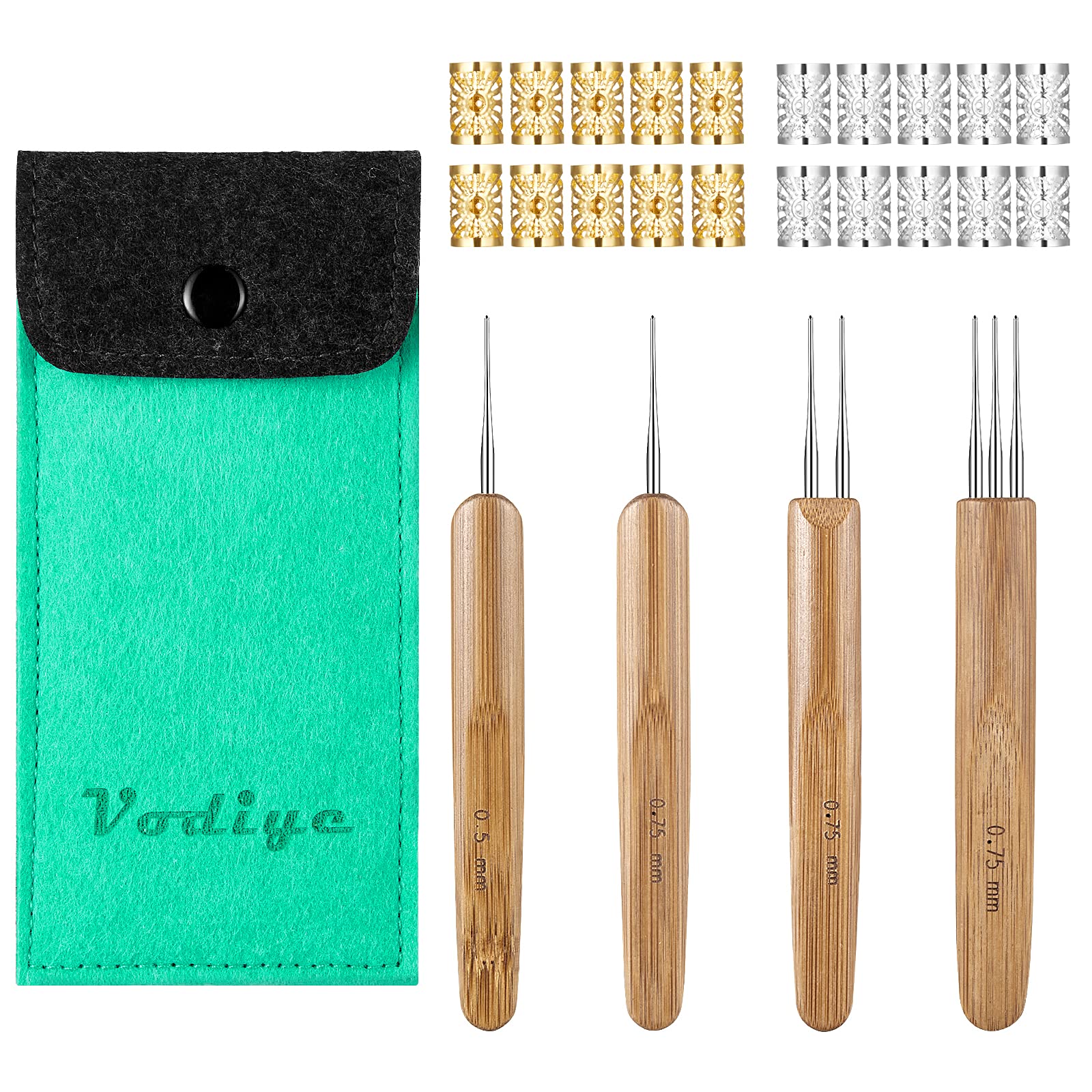 Vodiye Dreadlock Crochet Hook for Hair, 0.5mm 0.75mm Steel Locs Crochet  Needle for Hair, Professional Dreadlock Crochet Needle with Bamboo Handle,  Dreadlocks Beads Mixed Golden Silver for Braid Craft