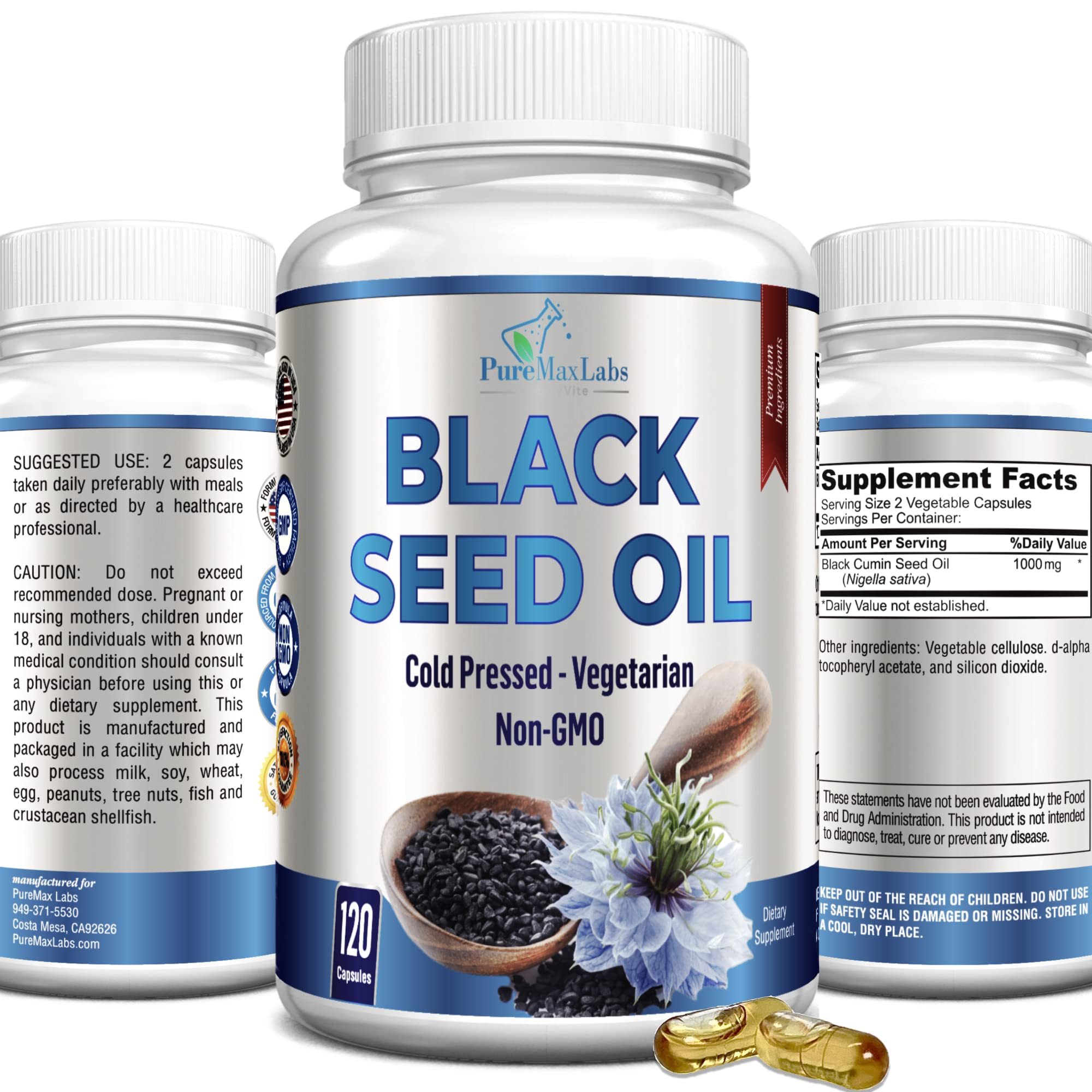 Cold Pressed Black Seed Oil - 120 Capsules, Premium Nigella Sativa Pure ...
