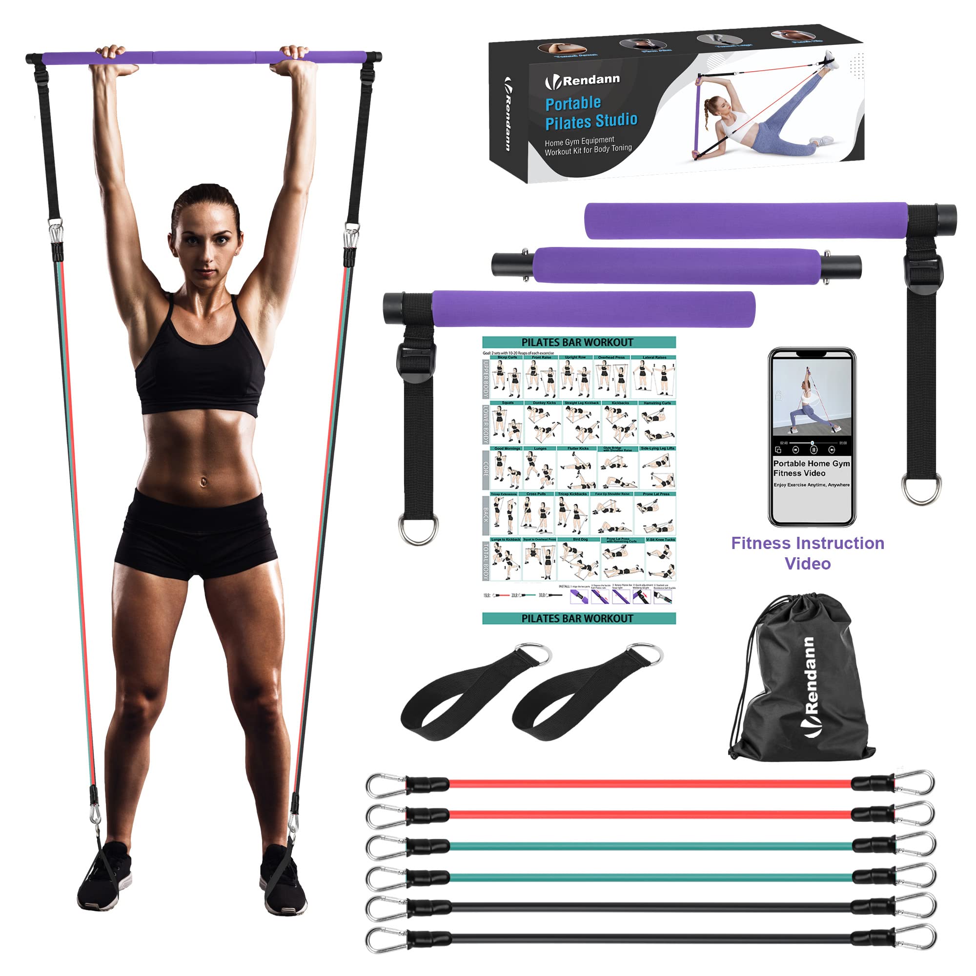 Portable Pilates Bar Exercise Kit-Stackable 3 Pairs of Resistance Bands  (15, 20, 30LB) - Home Gym Equipment for Men and Women, Workout Kit for Body  Toning,with Fitness Video(Purple).