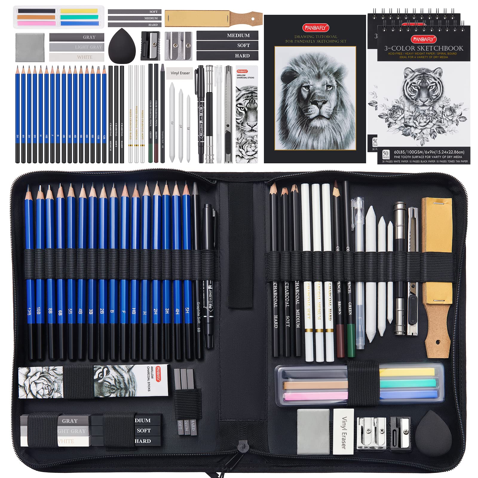 PANDAFLY 80 Pack Drawing Set Sketching Kit, Pro Art Supplies with 3-Color  Sketchbook, Watercolor Pad, Colored, Graphite, Charcoal, Metallic Pencil,  for Artist Adults Kids Beginner