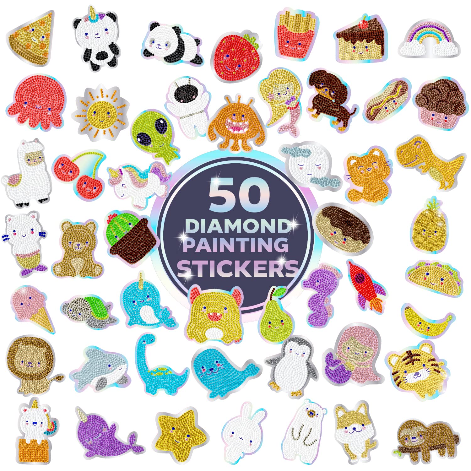 50 Kawaii Diamond Painting Stickers - Kids Diamond Painting Kits for Kids  with Holographic Diamond Art Stickers - Diamond Art For Kids Gem Art Kits  for Kids - Diamond Painting for Kids Gem Painting