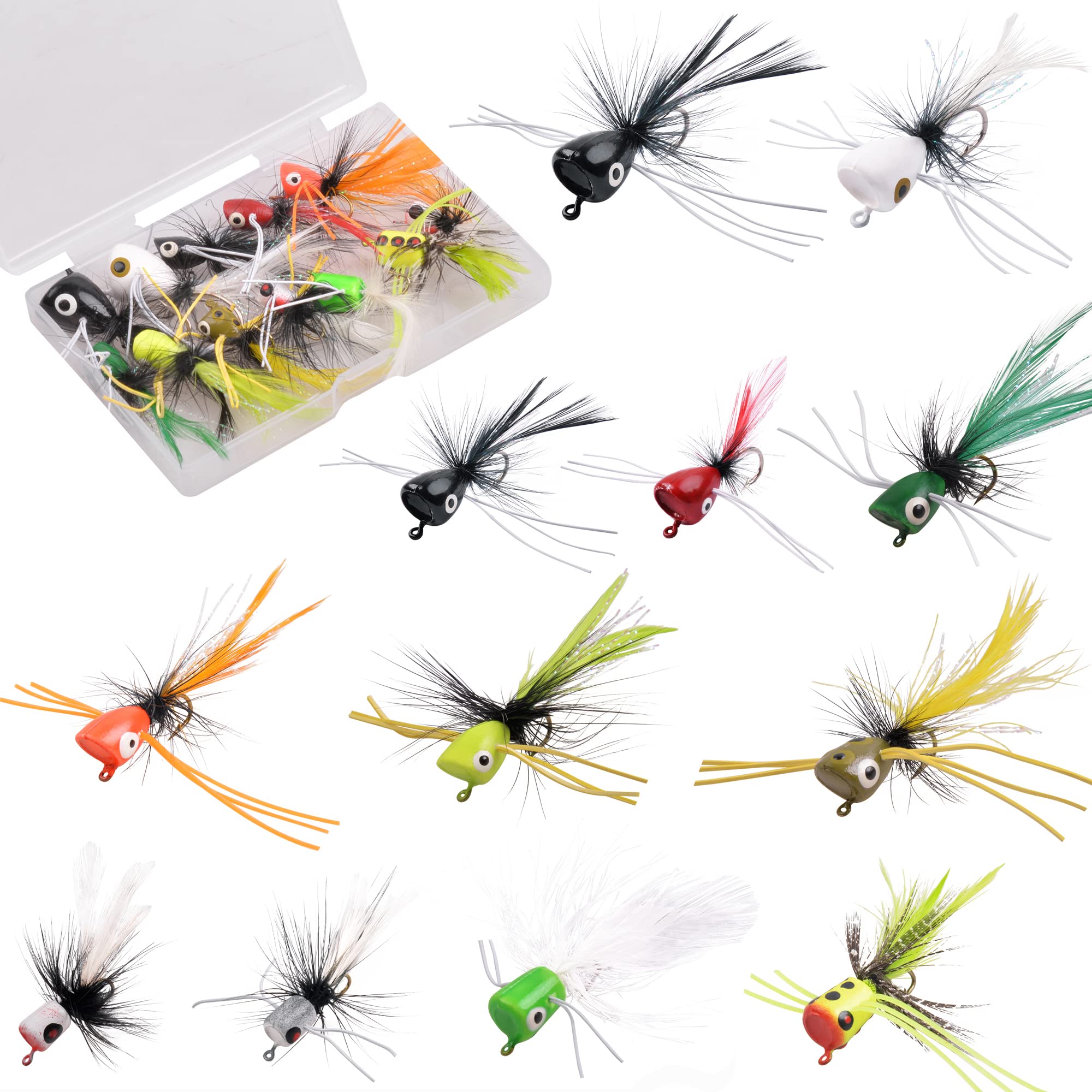 Fly Fishing Poppers, 12/15pcs Topwater Fishing Lures Bass Popper Flies Bugs Lures  Fly Fishing Lure Kit Panfish Bait Dry Fly Fishing Flies for Bass Trout  Panfish Bluegill Crappie Salmon 12pcs