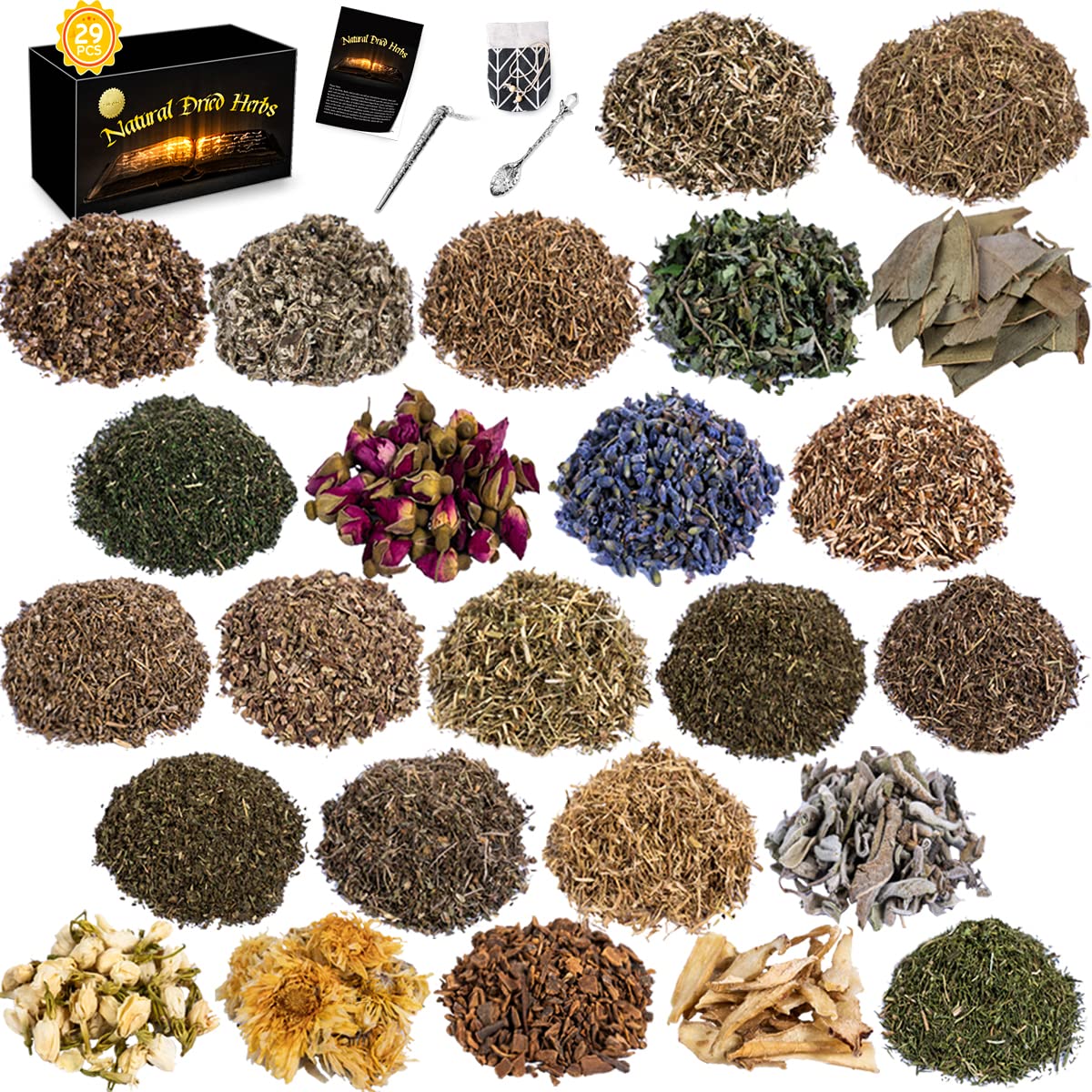 Dried Herbs for Witchcraft, 29Pcs Witchcraft Supplies for Spells, Witch  Stuff with Crystals Spoon Magical Wand