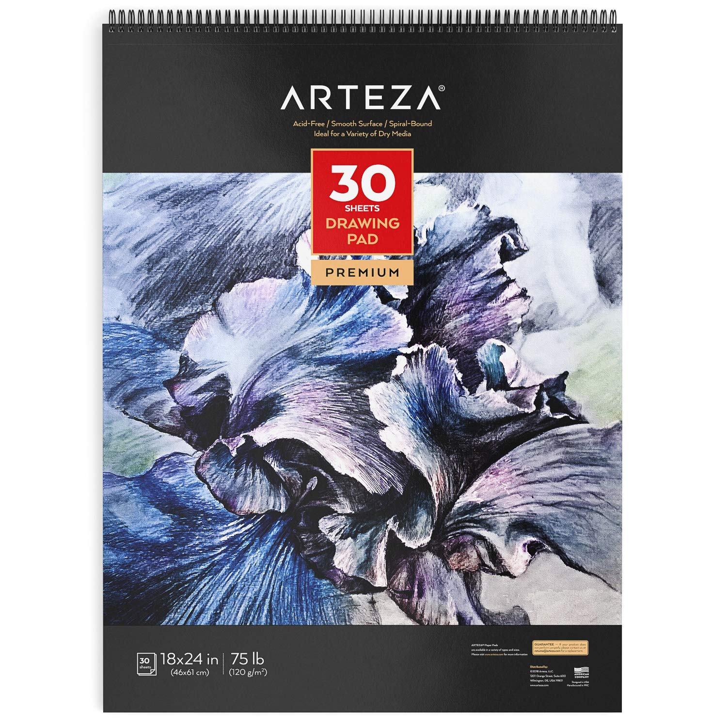 Arteza Spiral Bound Drawing Pad, Heavyweight Paper with Micro-Perforation, 18  X 24 Inches, 75 lb/120gsm, 30 Sheets 1 pack