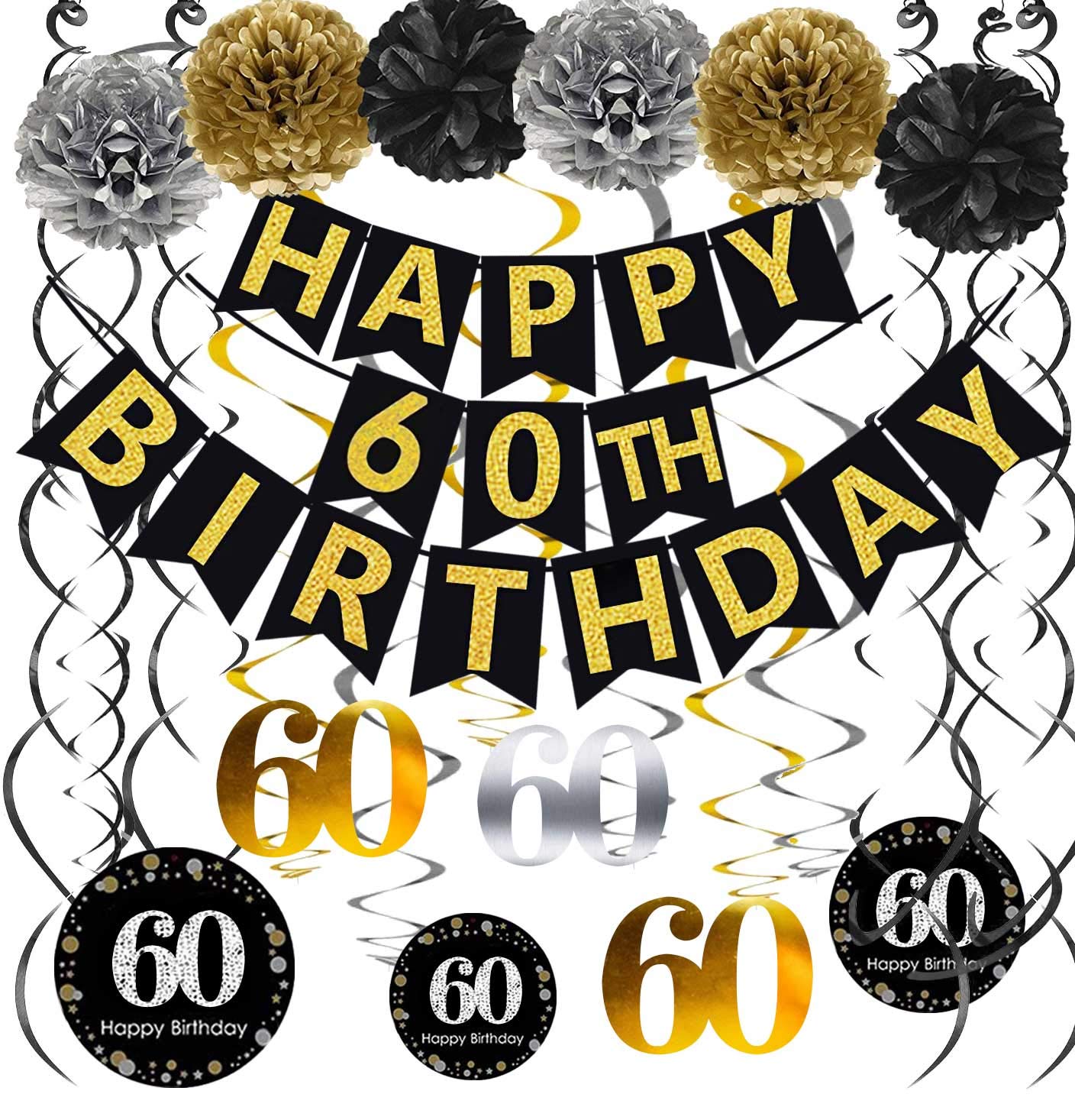 Famoby Black Gold Glittery Happy 60th