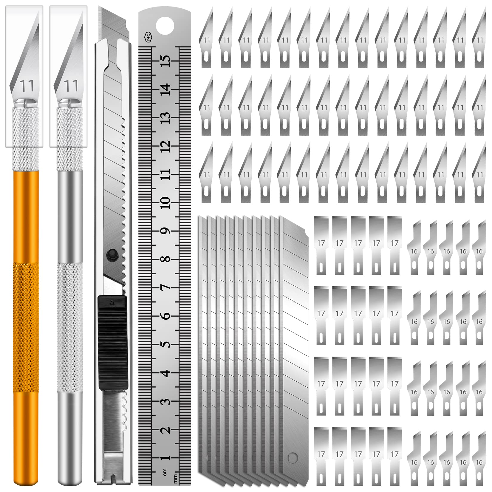 Jetmore 94 Pack Hobby Knife Exacto Knife Kit 2 Precision Exacto Knife Set  80PCS #11/#16/#17 Exacto Knife Blades with Storage Case Craft Knife for DIY  Art Work Cutting Carving Gold Sliver