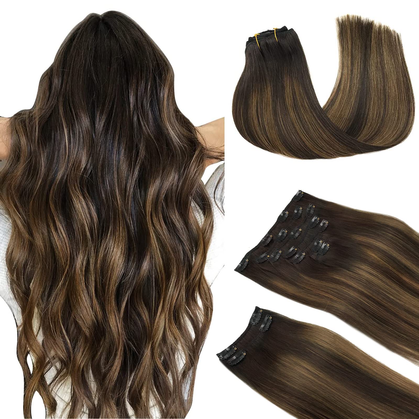 Hair Extensions Real Human Hair, Balayage Dark Brown to Chestnut Brown 20  Inch 9pcs 150g, DOORES Remy Hair Extensions Clip in Human Hair Extensions  Clip ins Natural Hair Extensions Thick Straight Hair