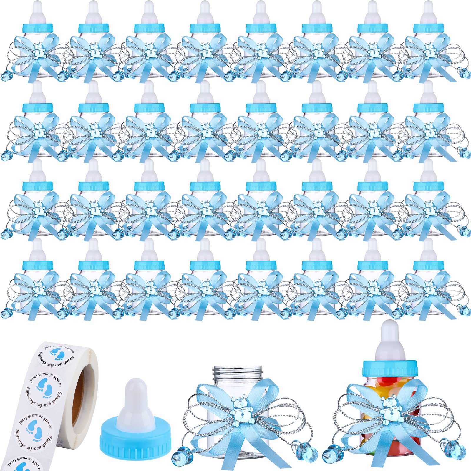 62 Pcs 3.5 Inch Baby Mini Milk Bottle Baby Shower Favor with 500 Adhesive  Thank You for Showering Stickers Small Plastic Bear Candy Bottle with  Ribbon for Boy Girl Newborn Baptism Party Decor (Blue)