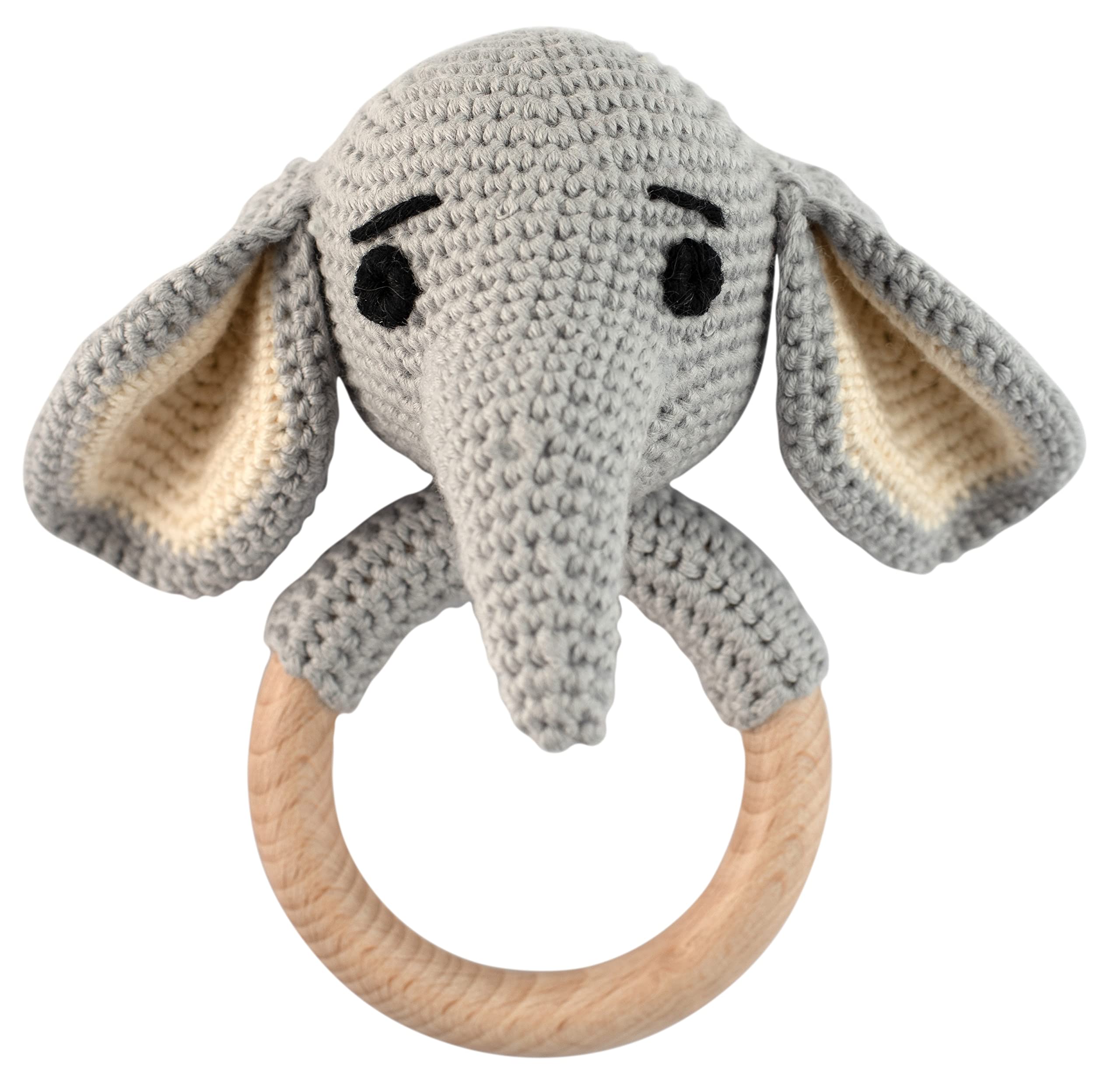 thumbnail image 2 of Handmade Elephant Amigurumi Crochet Rattler With Wooden Teething Ring 2 of 10
