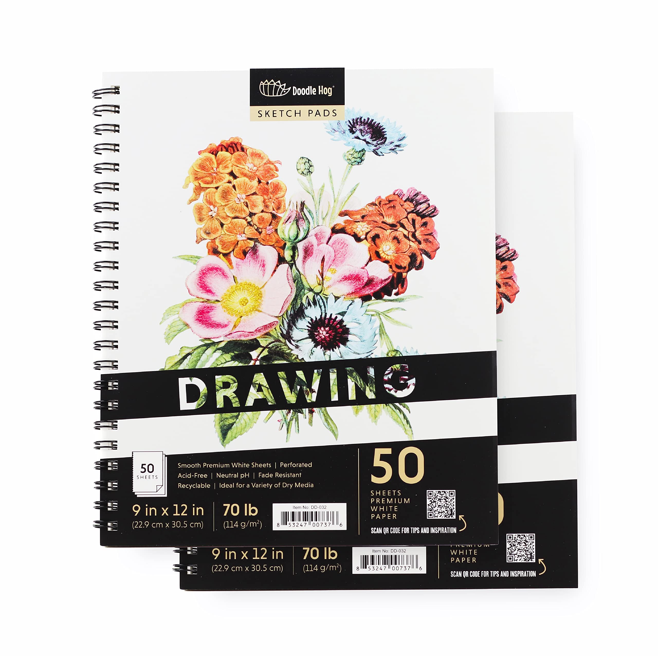 2PK Drawing Pads - 9x12 White, Perforated, 70lb / 114gsm Sketch Pad -  Includes 50 Sheets/Pad 100 Sheets Total, Ideal for a Variety of Dry Media -  Drawing Paper for Artists, Students