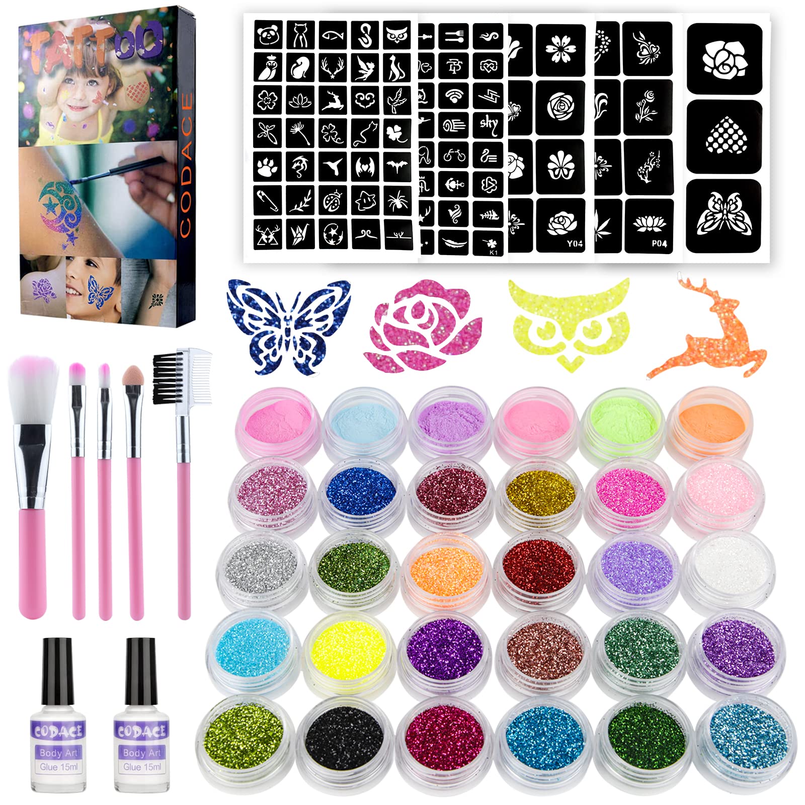Temporary Glitter Tattoos Kit for Kids, 24 Large Glitter Colors & 6  Fluorescent Colors, 105 Stencils, Body Glitter Nail Art Glow in Dark  Tattoo, Body
