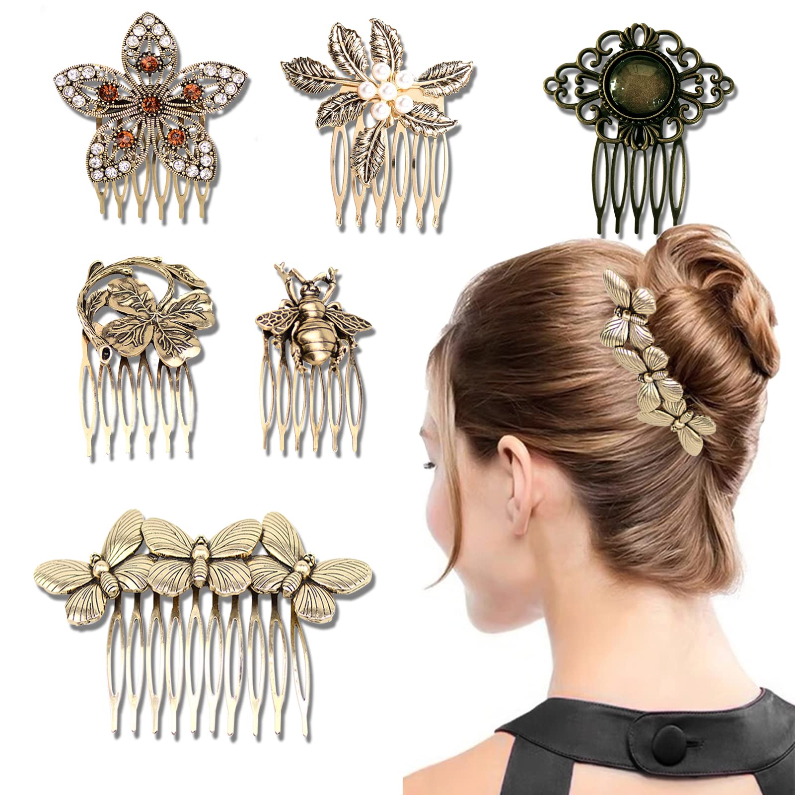 6 Pack Vintage Hair Side Combs for Women Decorative, ECANGO Retro Gold  Pearl Rhinestone Metal Hair