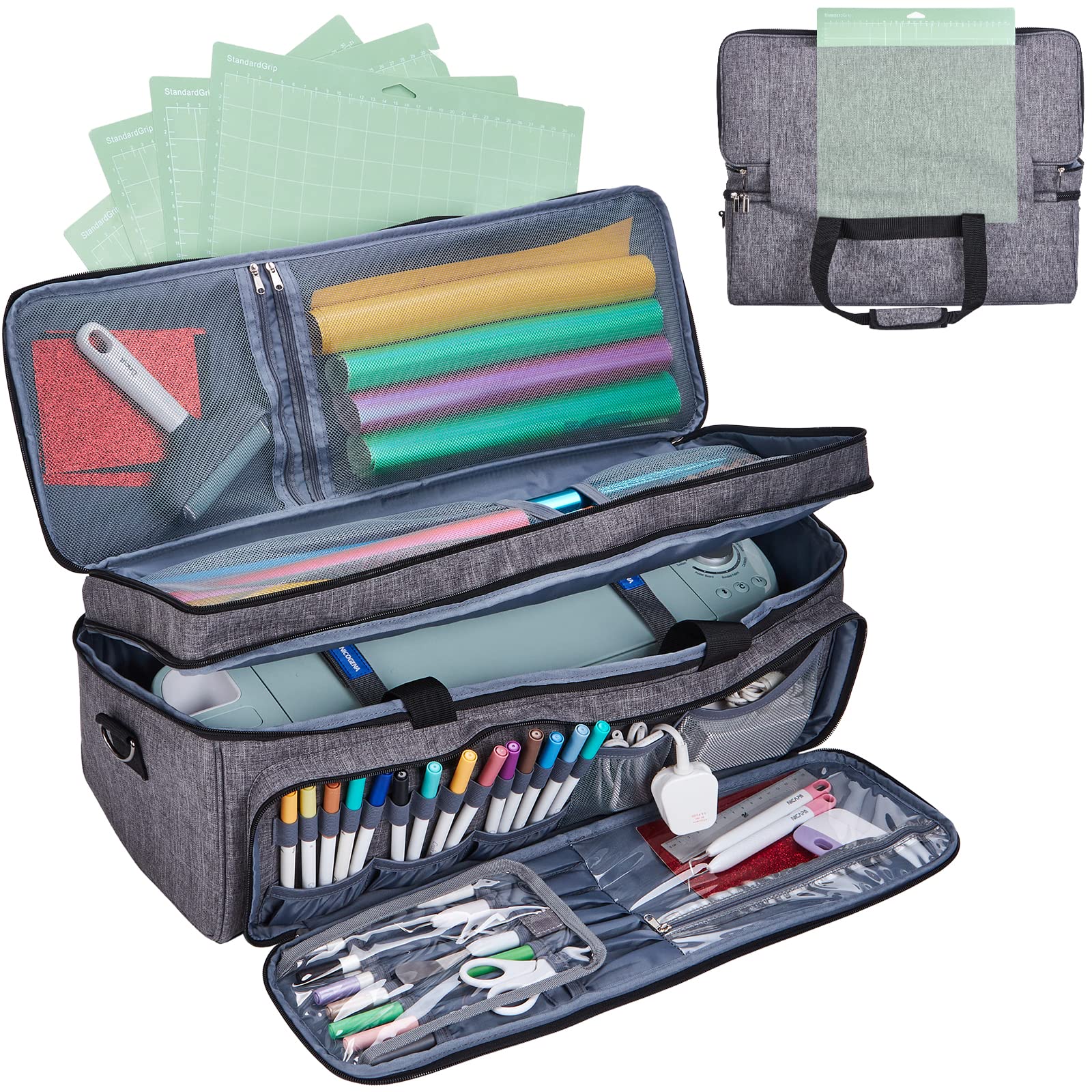 NICOGENA Double Layer Carrying Case with Mat Pocket for Cricut Explore Air  2 Cricut Maker Multi Large Front Pockets for Tools Accessories and Supplies  Grey III-Grey (Double Layer with Mat)