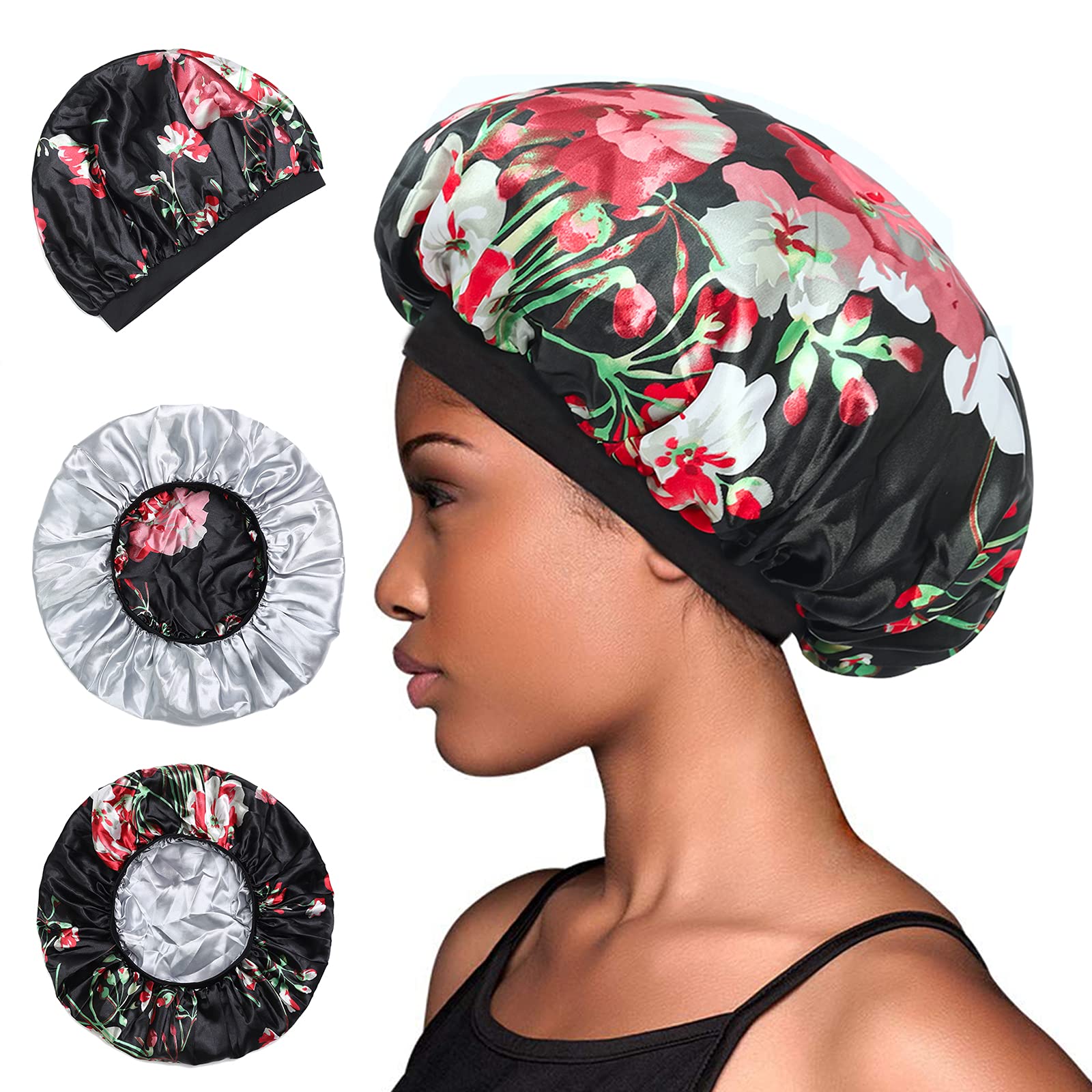 KimKSlay Satin Bonnet for Sleeping Hair Bonnet for Women Shower Cap Hair  Bonnet for Braids Long Hair Dreadlocks Curly Hair Large Double Layer  Reversible Adjustable Satin Cap (Black Flowers)