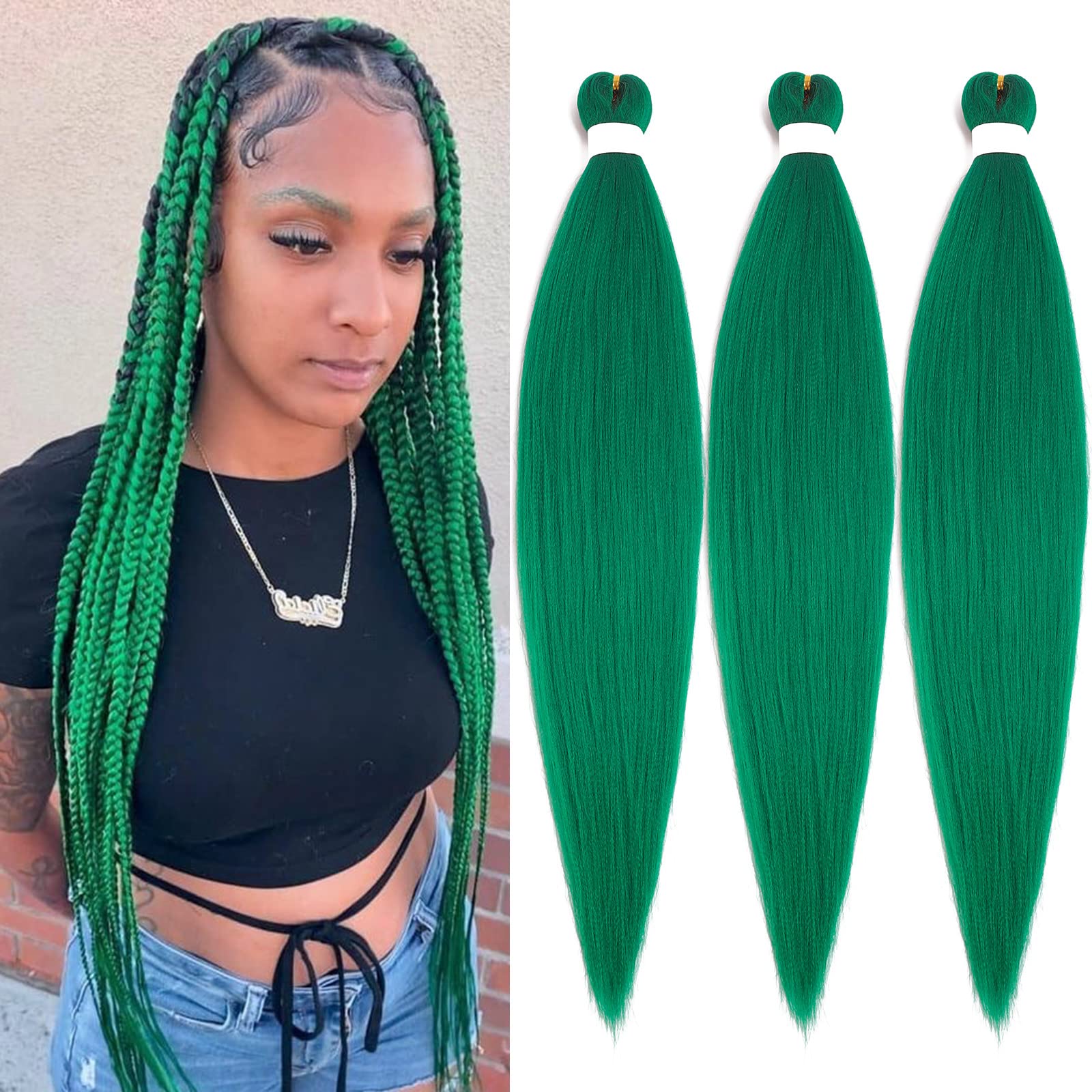 Dark Green Braiding Hair Pre Stretched Green Hair Extensions for Braids  Prestretched Braiding Hair 26 Inch 3 Packs Long Yaki Crochet Twist Box  Braids Itch Free Knotless Micro Kids Braiding Hair Braids