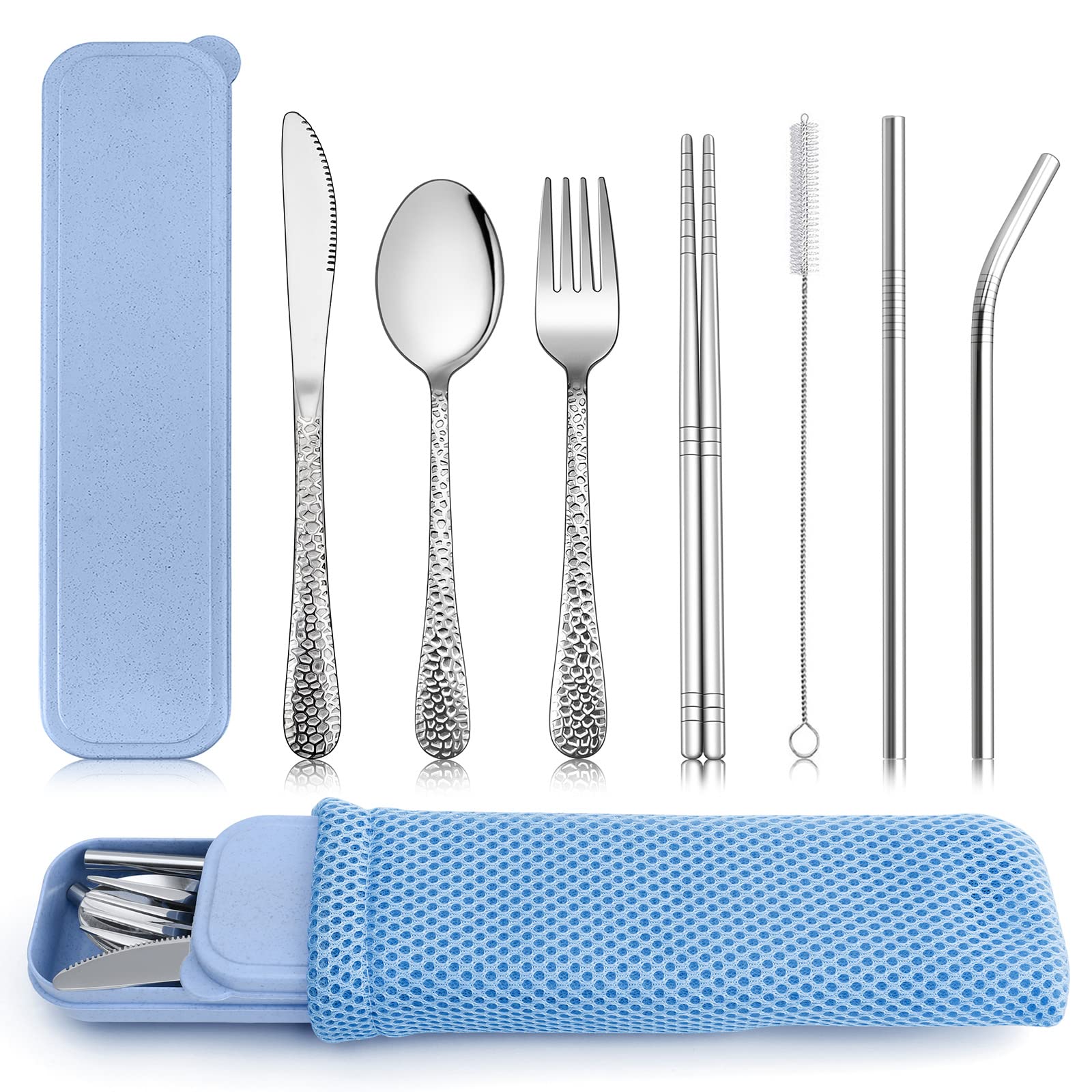 Travel Portable Utensils Set E-far 9-Piece Small Reusable Silverware Set  with Case Metal Hammered Camping Cutlery Flatware Set Includes Fork Spoon  Knife Chopsticks Straws - Blue Blue 9