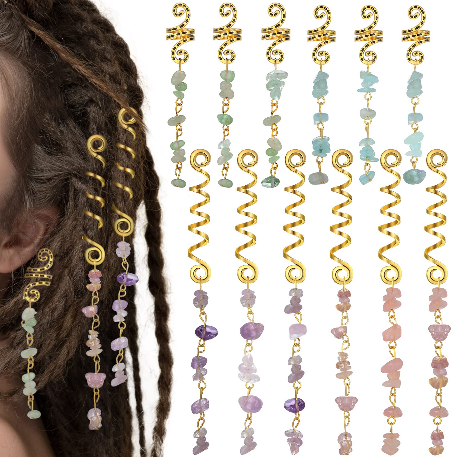 12 Pieces Colored Natural Stone Pendant Hair Jewelry for Braids