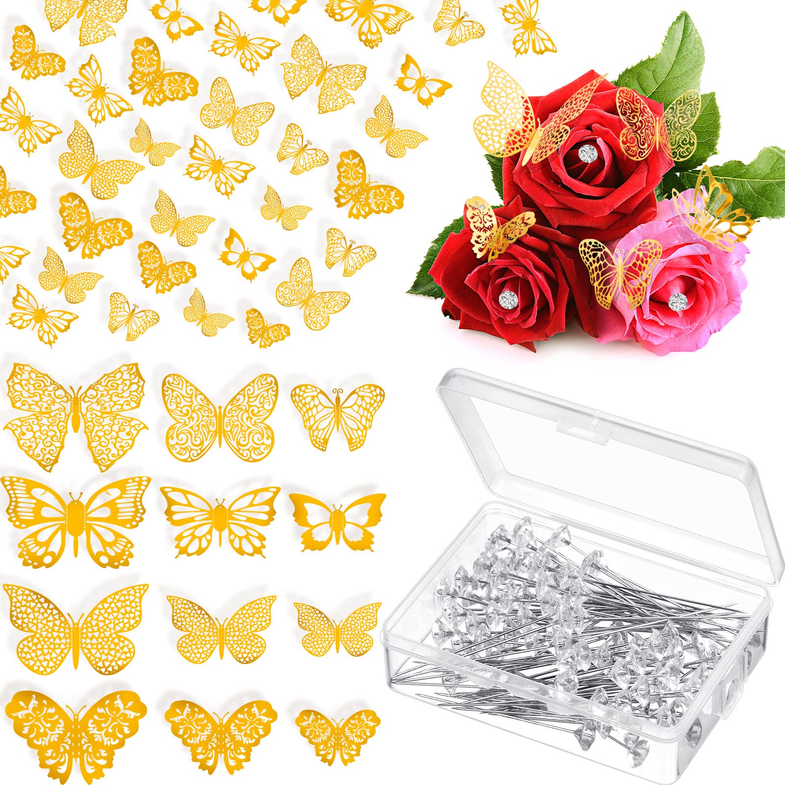 148 Pcs Bouquet Corsages Pins for Flower and 3D Gold Butterfly Wall Decor  Set Flower Diamond Pins Pearl Pin Heads Butterfly Decal Floral Arrangements  Accessories for Mother's Day Wedding Party
