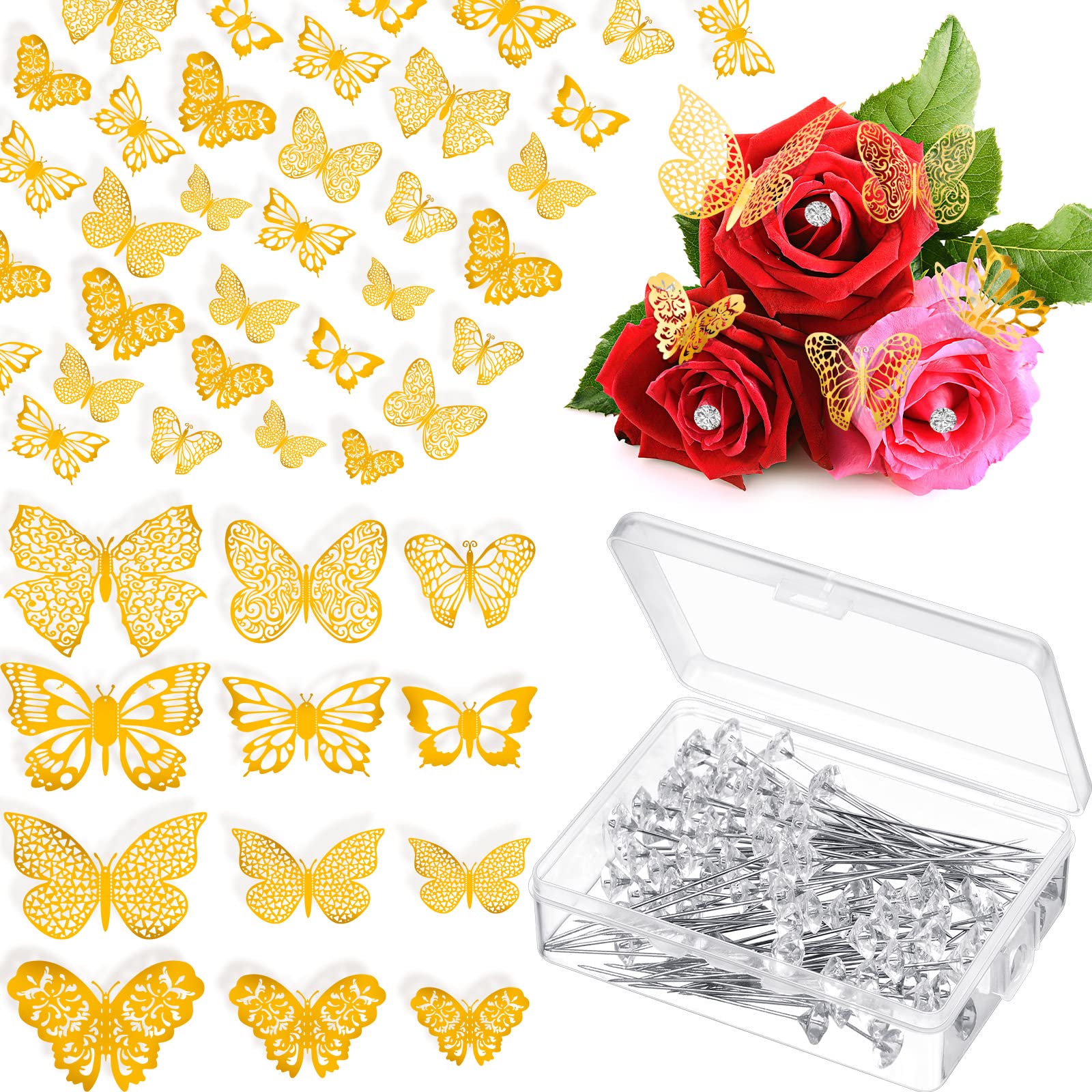  Estune 202 Pcs Flower Bouquet Accessories Mini Tiara Crown  Bouquet Corsage Pins 3D Gold Butterfly Wall Decor Flower Bouquet Diamond  Pin Floral Arrangements for Birthday Wedding Party Decoration