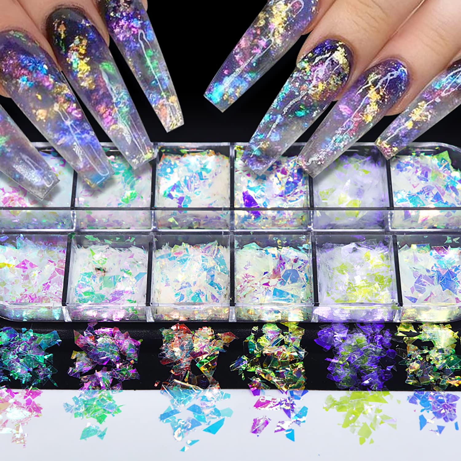 12 Colors Holographic Nail Art Glitter Sequins Iridescent Ice Slag