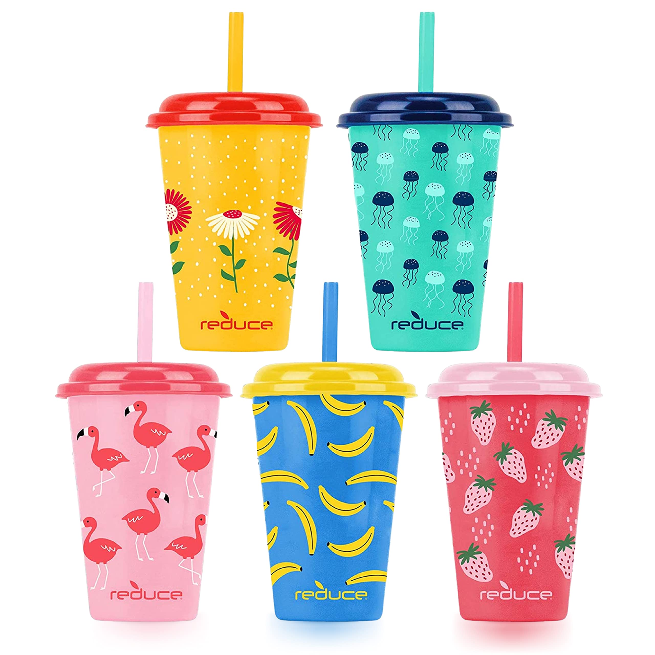 Reduce GoGo's 12 oz Cup Set 5 Pack Plastic Cups with Straws and Lids  Dishwasher Safe