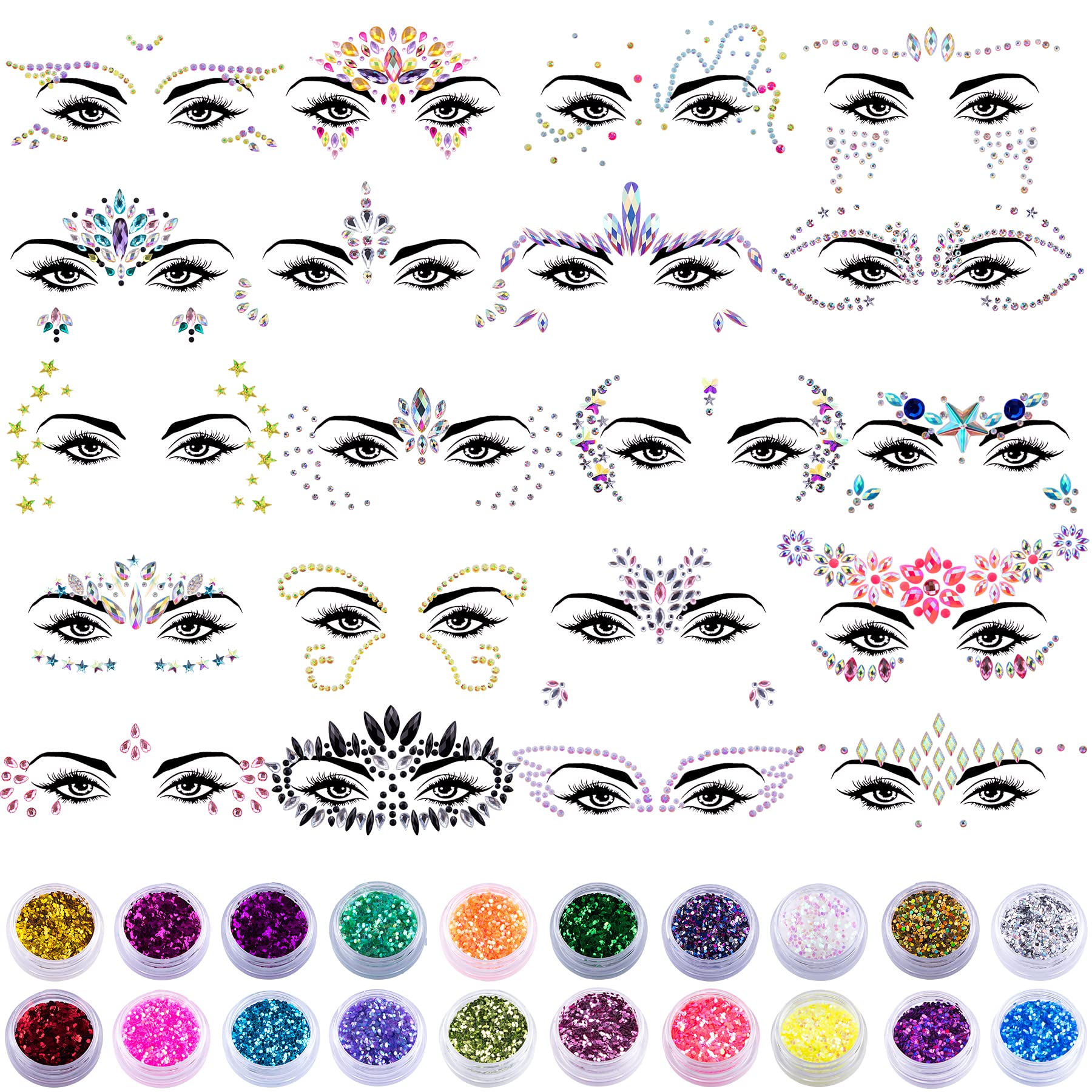 SIQUK 12 Sets Face Jewels Stick On Rhinestones Sticker Face Gems Face  Crystals Self Adhesive Face Sticker Jewel Mermaid Face Jewel for Festival  Rave Party Dusky