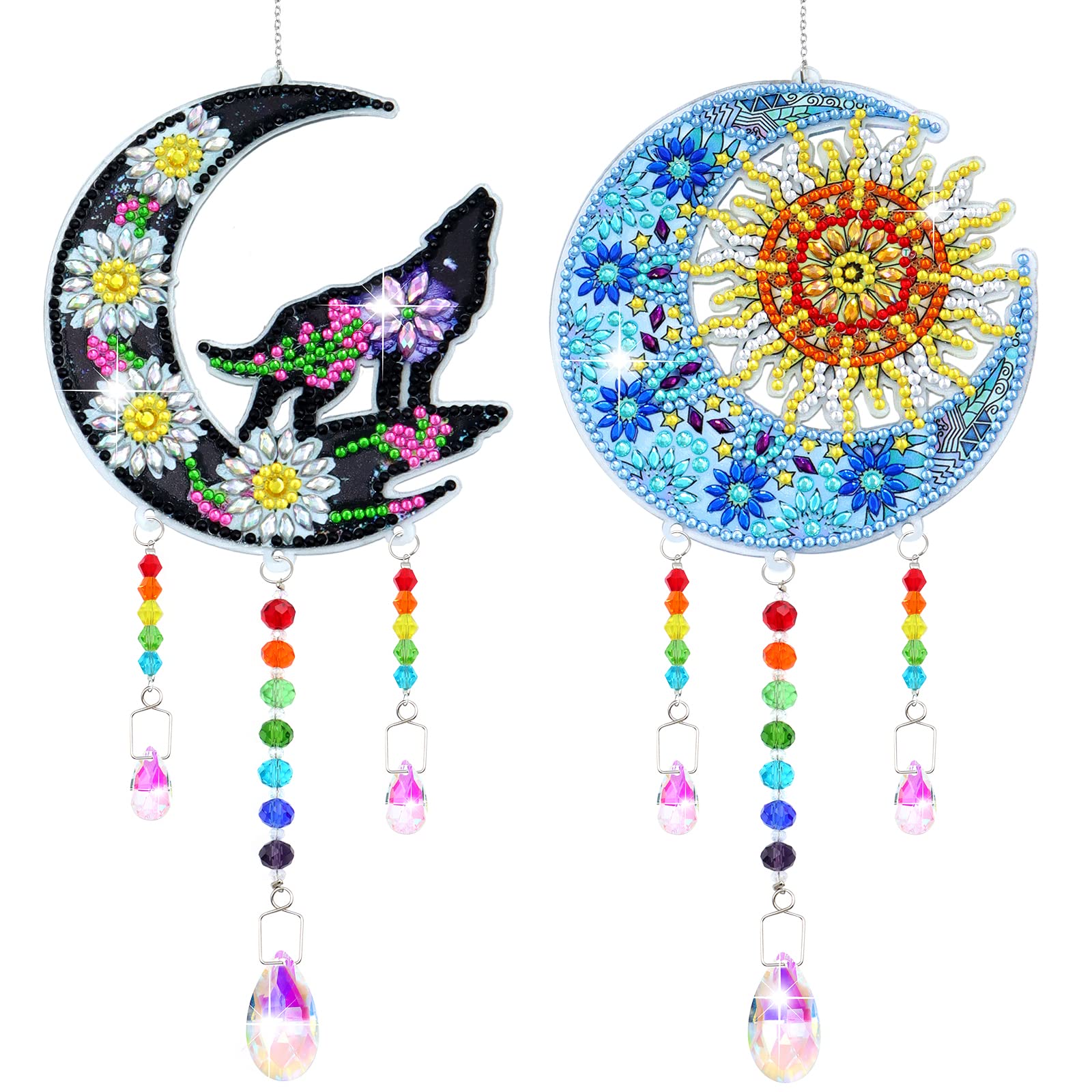 ZYNERY 2 PCS Diamond Painting Wind Chime Diamond Painting Suncatcher Kit Diamond  Art for Adults Kids Diamond Painting Kits Hanging Pendant for Home Garden  Outdoor Decor (Moon Wolf Moon Sun) Moon*2