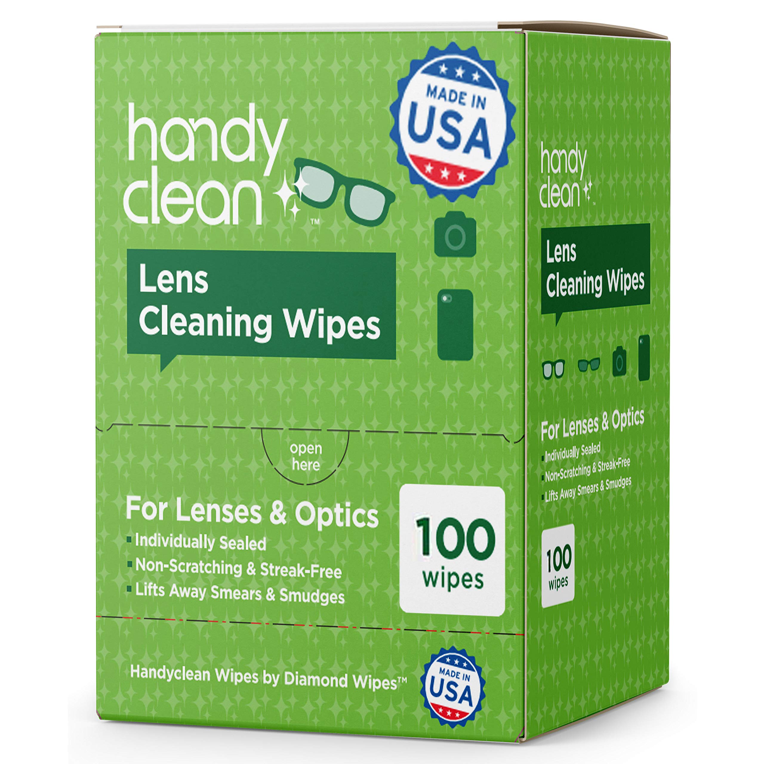 HandyClean Lens and Glass Cleaning Wipes Box of 100ct Pre-Moistened  Quick-Drying Wipes for Eyeglasses