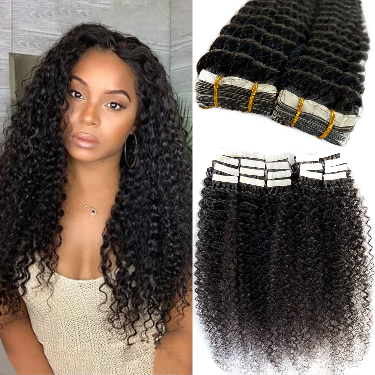 Tape in Hair Extensions Human Hair Kinky Curly Natural Colored Real Hair  Extensions Tape ins for