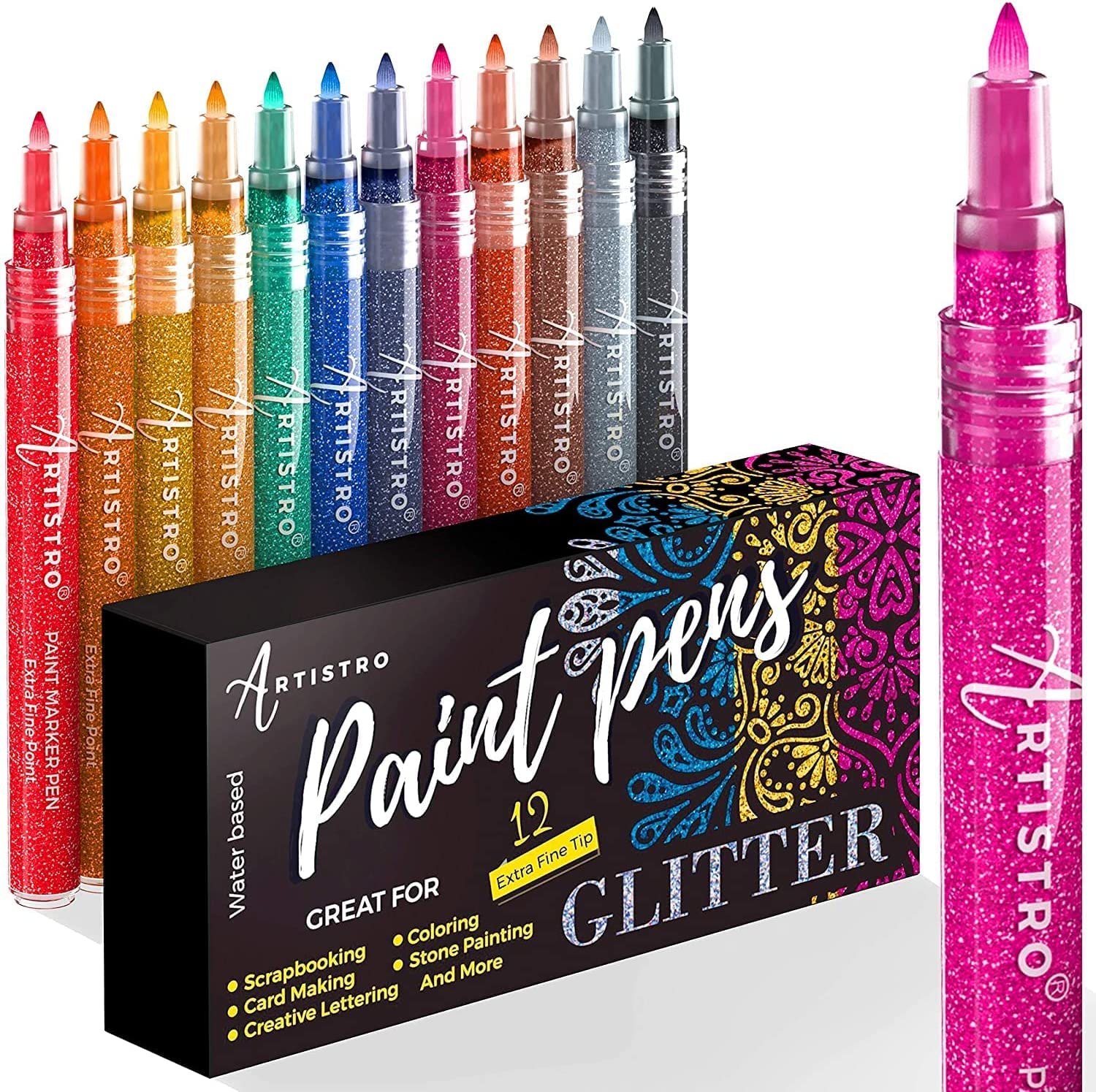 12 Metallic + 12 Glitter + 42 Extra Fine non toxic paint pens