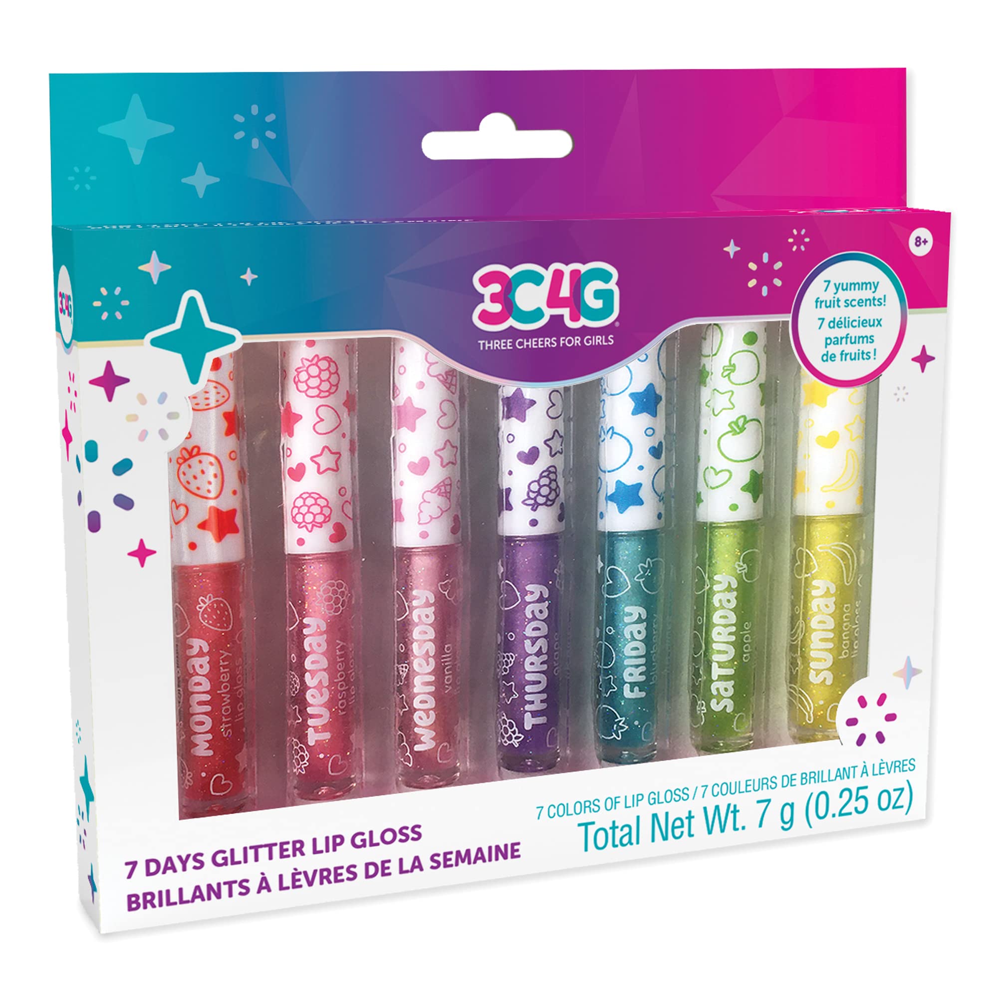 Three Cheers for Girls by Make It Real - 7 Days Glitter Lip Gloss -  Flavored Lip Gloss Set for Girls - Strawberry Raspberry Vanilla and More! -  7 Piece Lip Gloss Kit