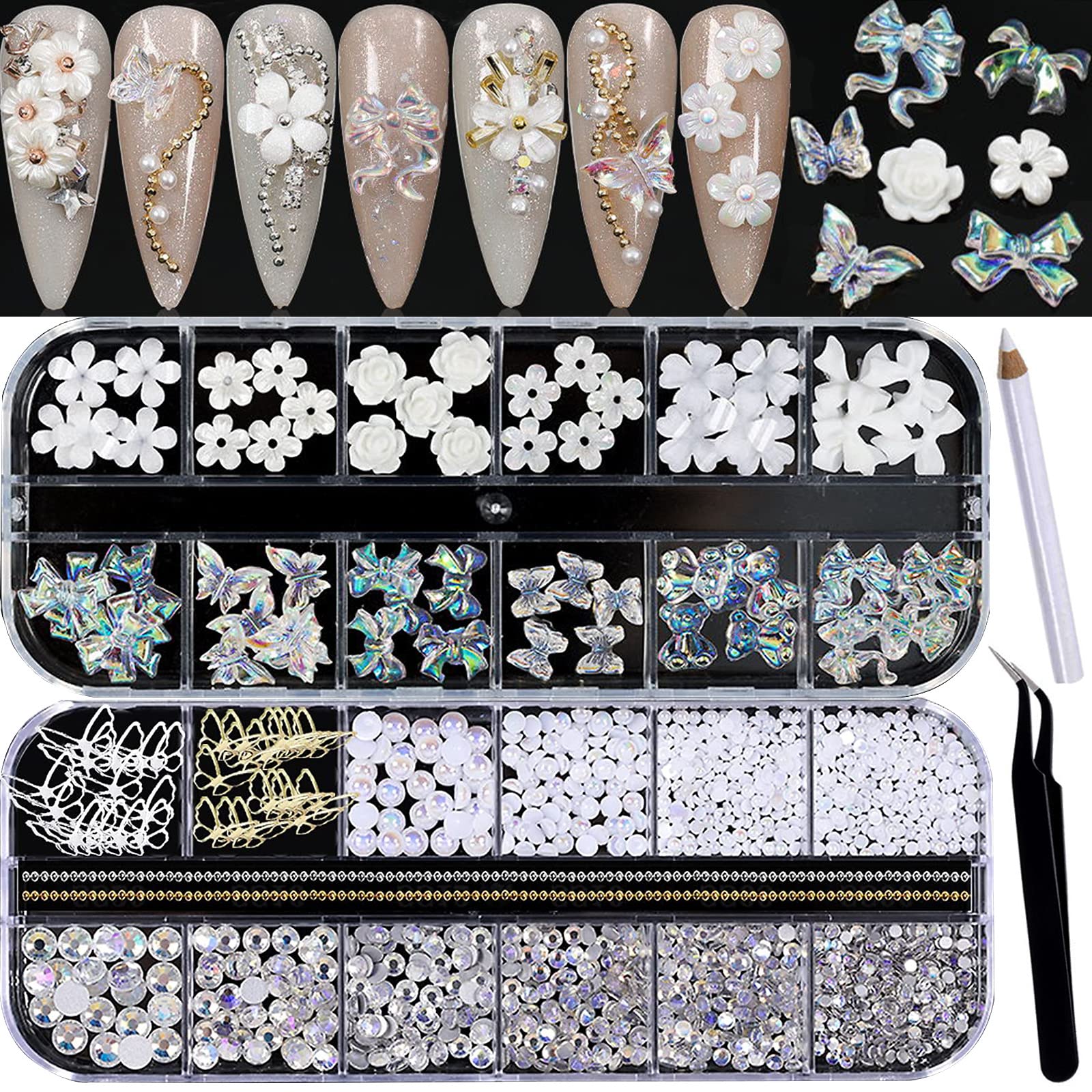 4 Boxes Flatback Rhinestones and Pearls Nail Charms for Acrylics -  Crystals, Half Rounds, and Accessories for DIY Nail Art Decor