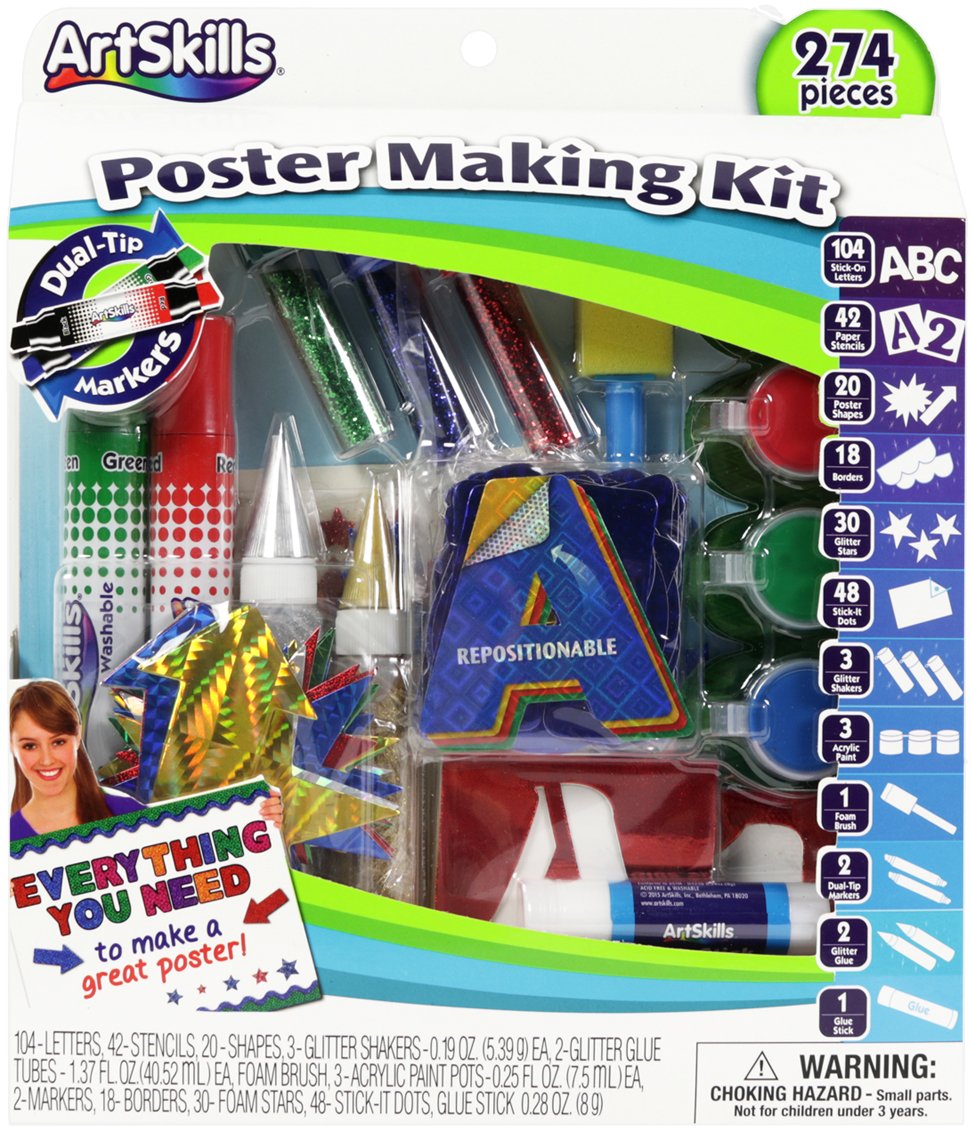 ArtSkills Poster Making Kit Arts and Crafts Supplies Includes Washable  Markers, Stencils, Letters, Glitter, Glue, and More, 274 Pieces,  Multi-Colored