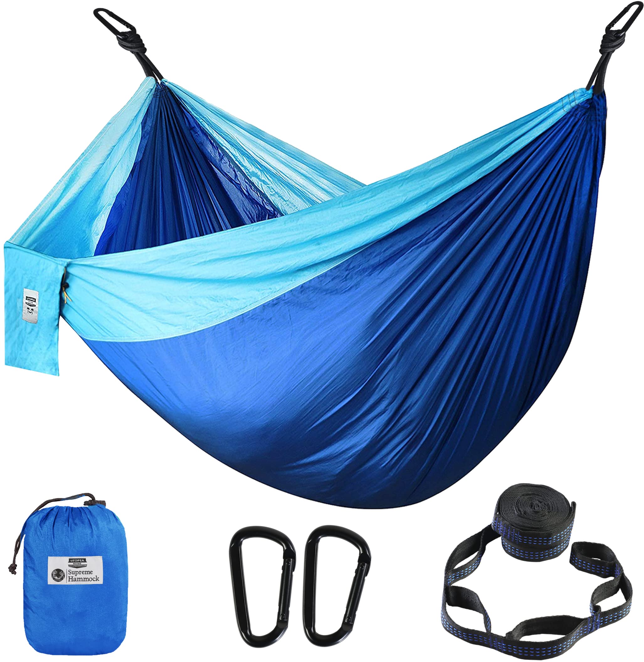 Utopia Home Camping Hammock Double & Single with 2 Tree Hammock Straps,  Travel Hammock Backpacking Nylon Parachute Hammock for Outdoor & Hiking  Large Blue & Light Blue