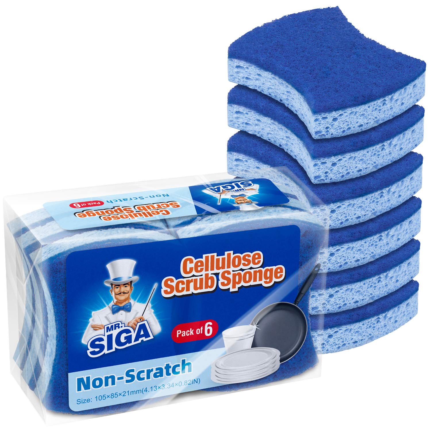 MR.SIGA Non-Scratch Cellulose Scrub Sponge, Dual-Sided Dishwashing