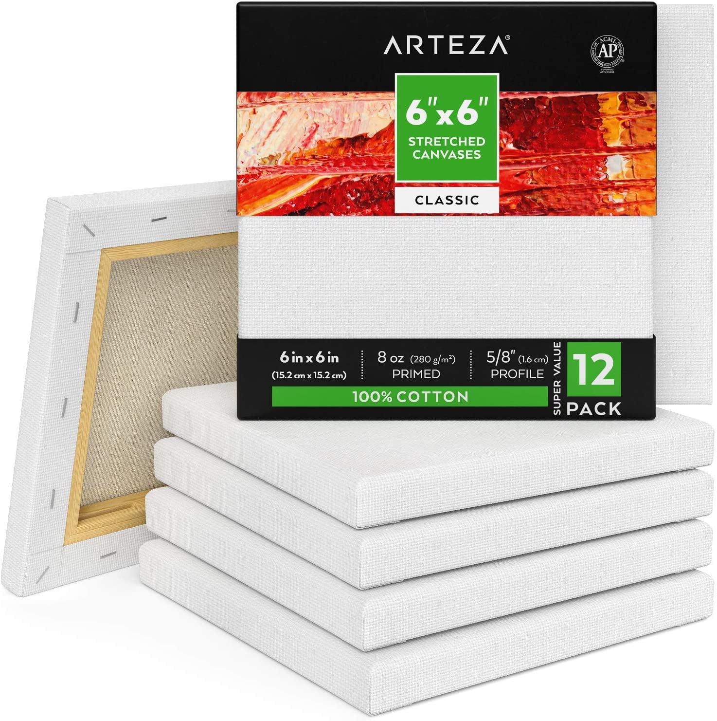 Arteza Paint Canvases for Painting Pack of 12 6 x 6 Inches Square