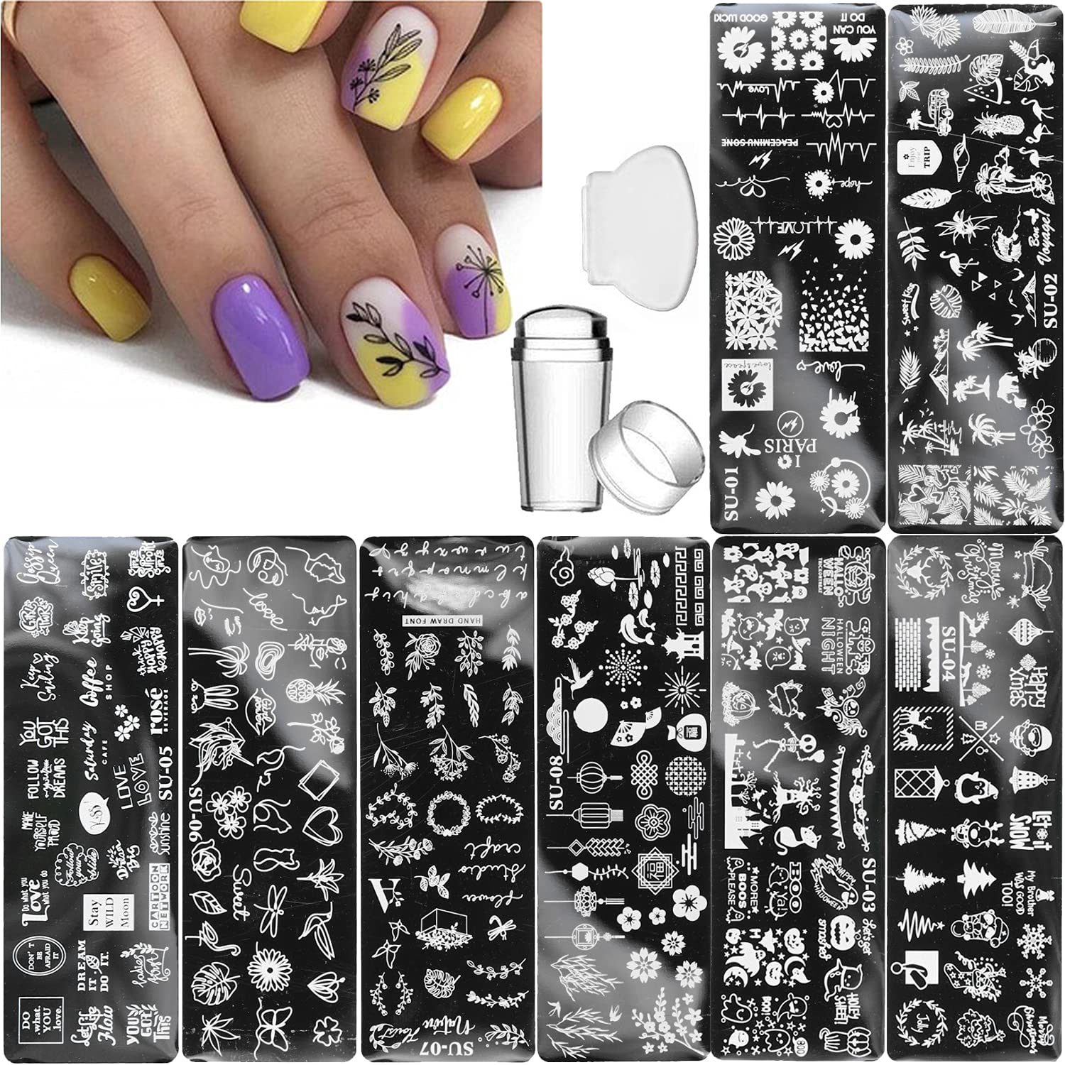 8Pcs Nail Stamping Plate +1 Stamper +1 Scraper Daisies, Leaves, Letters,  Lines, Lips, Flowers