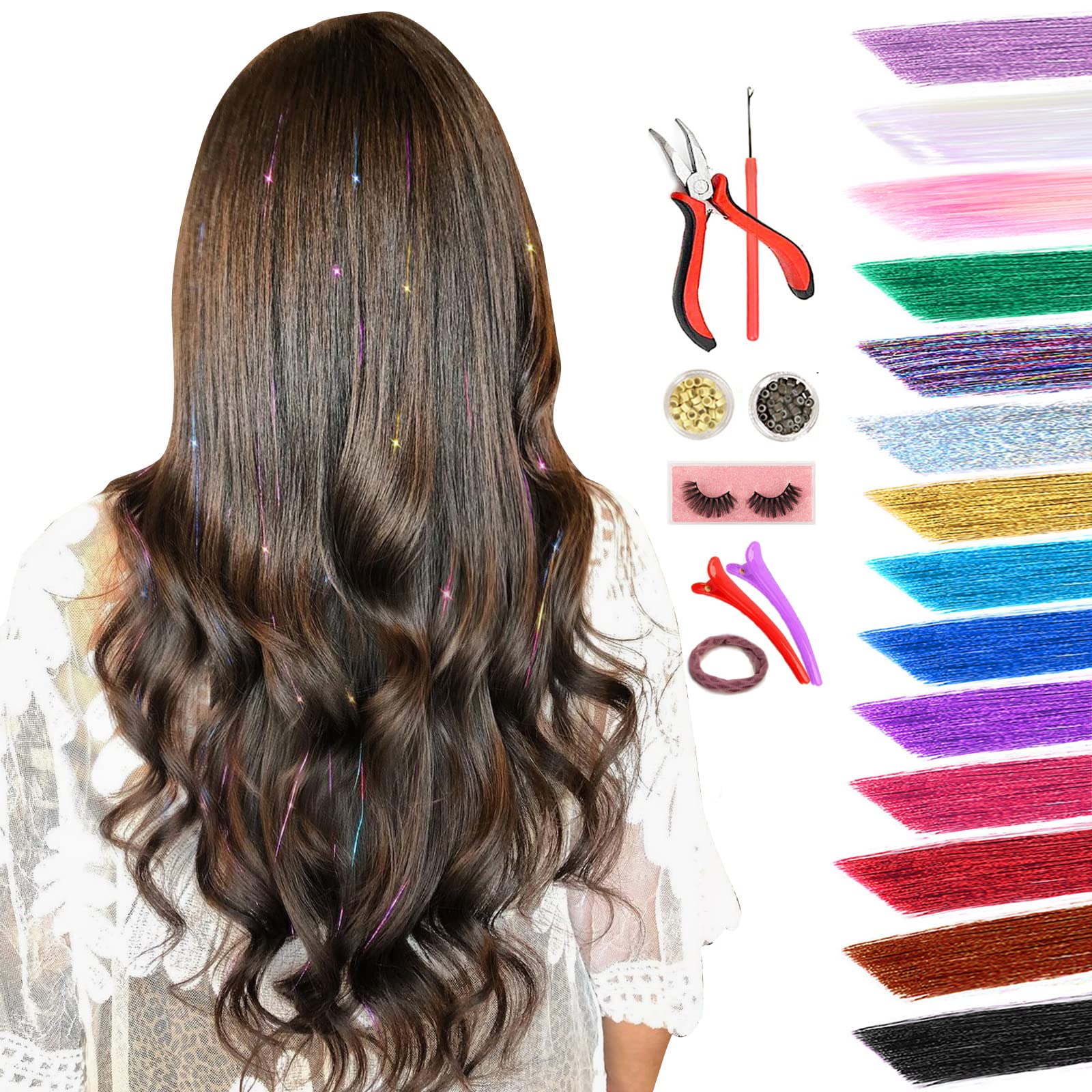 Hair Tinsel Kit, Tinsel Hair Extensions, 14 Colors Glittery Fairy Tensile  Hair Heat Risitant with Tools
