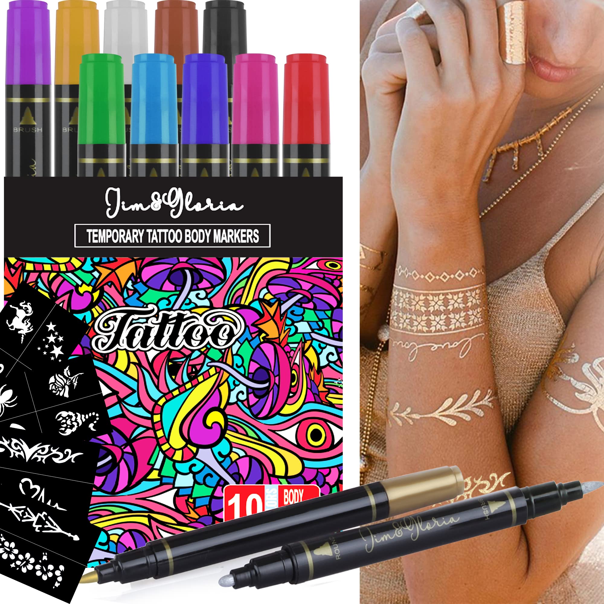 Jim&Gloria Body Art Tattoo Pen Dual Tip 10 Colors Fake Tattoos